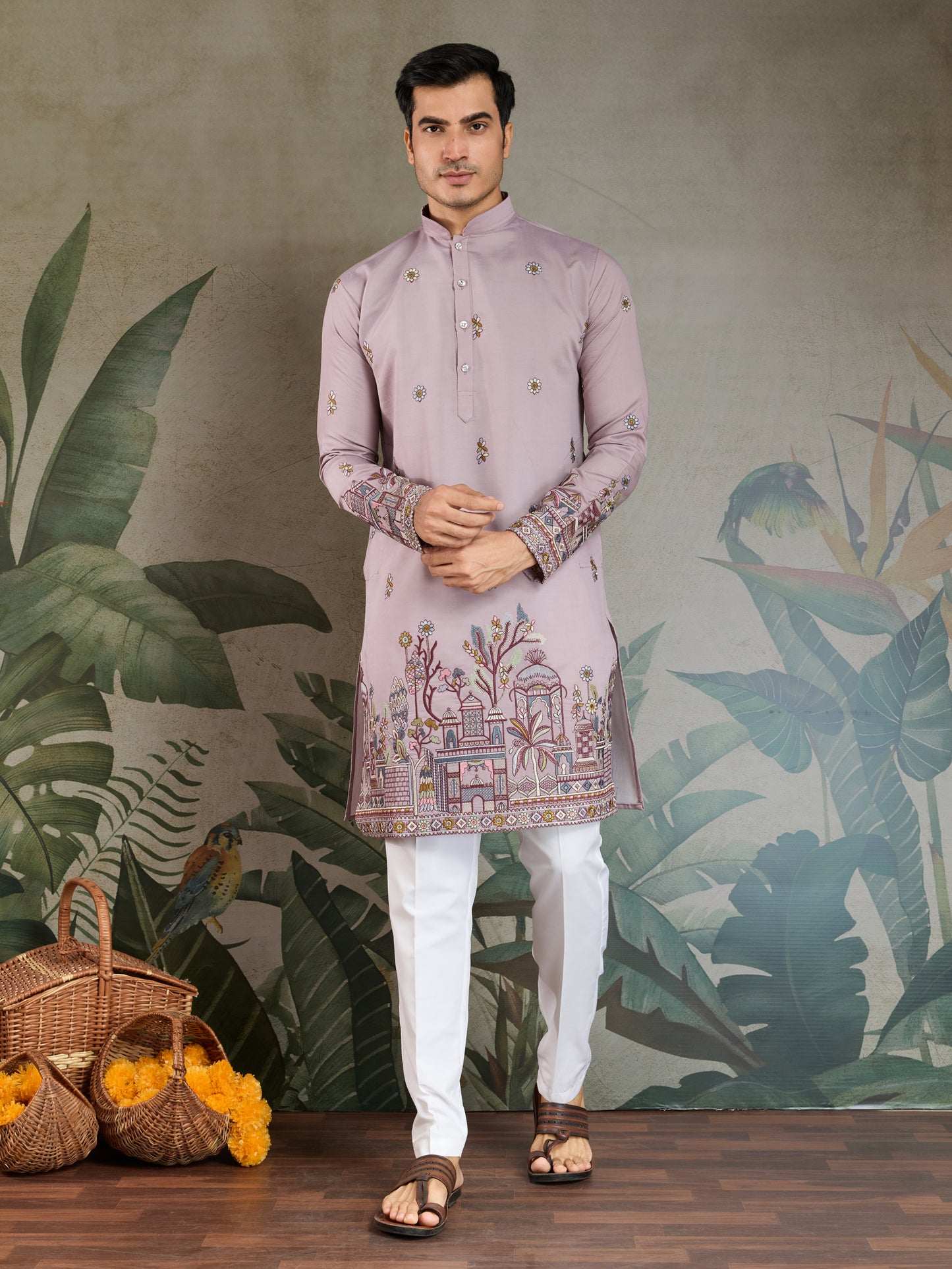 Men's Embroidered Light Purple Kurta Set with Dupatta