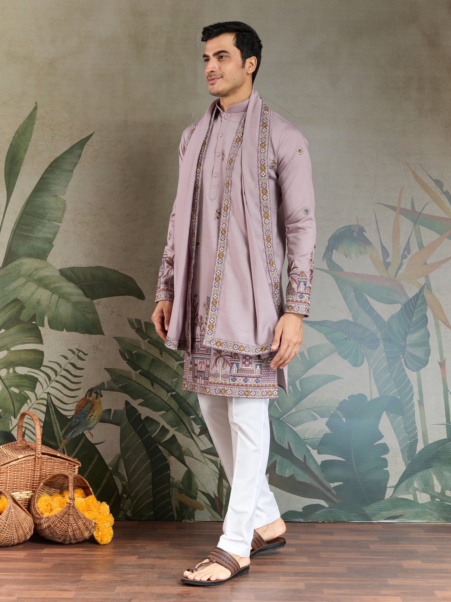 Men's Embroidered Light Purple Kurta Set with Dupatta