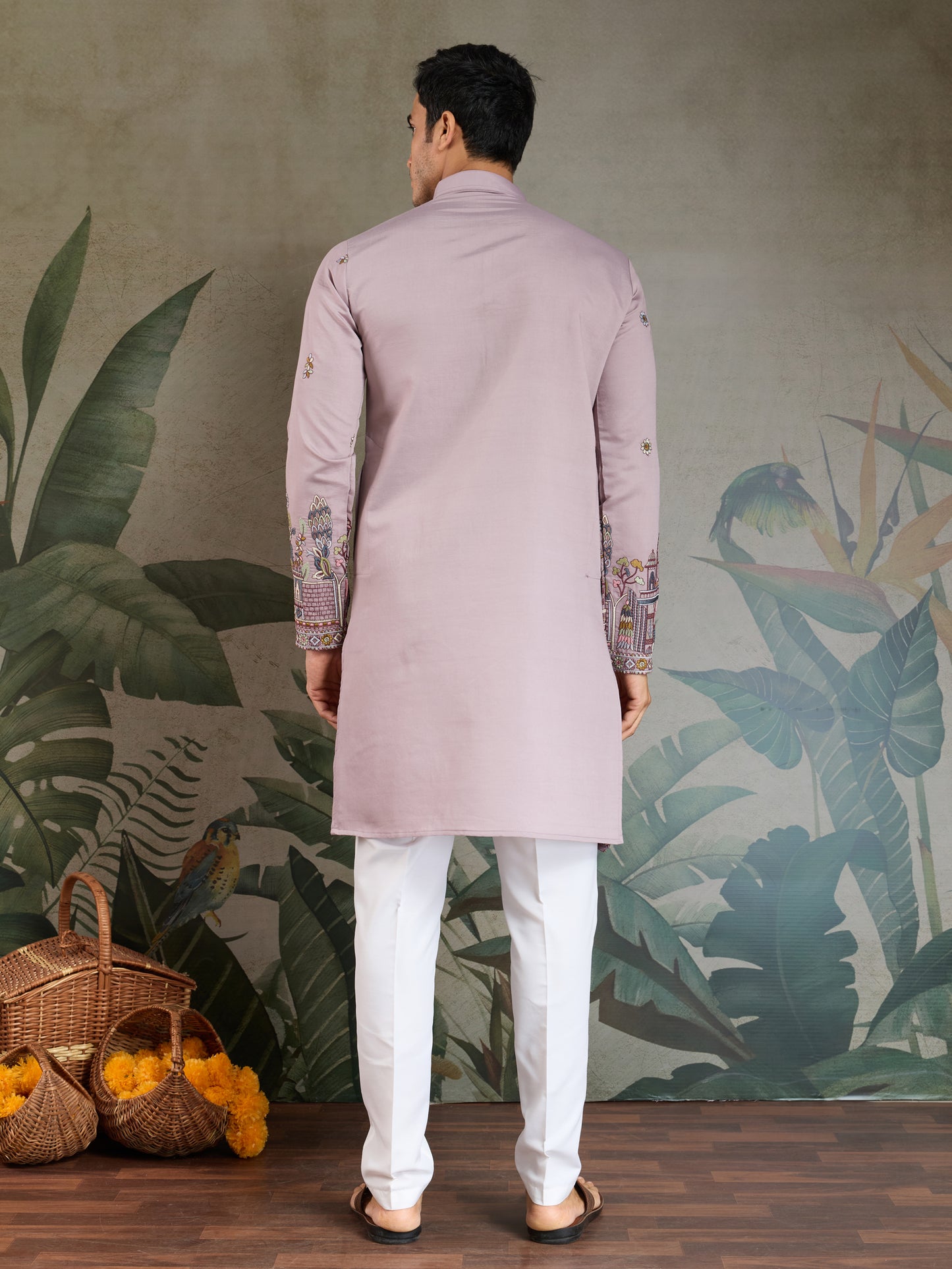 Men's Embroidered Light Purple Kurta Set with Dupatta
