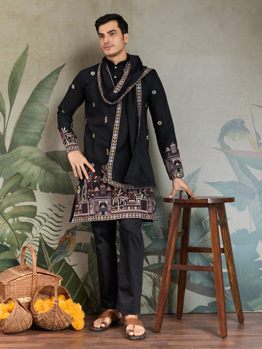 Black Heritage Embroidered Kurta Set with Dupatta