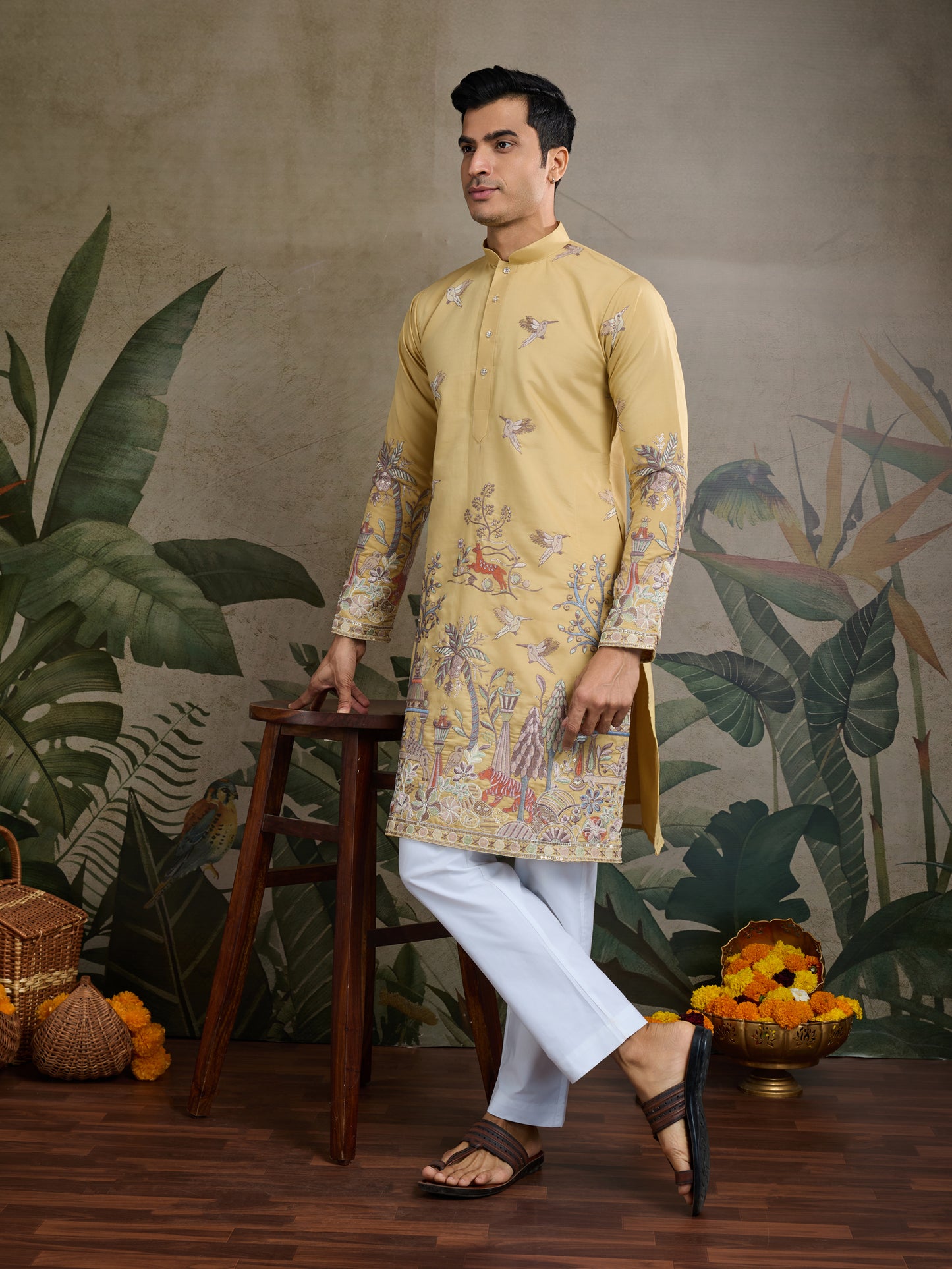 Mustard Royal Garden Embroidered Kurta