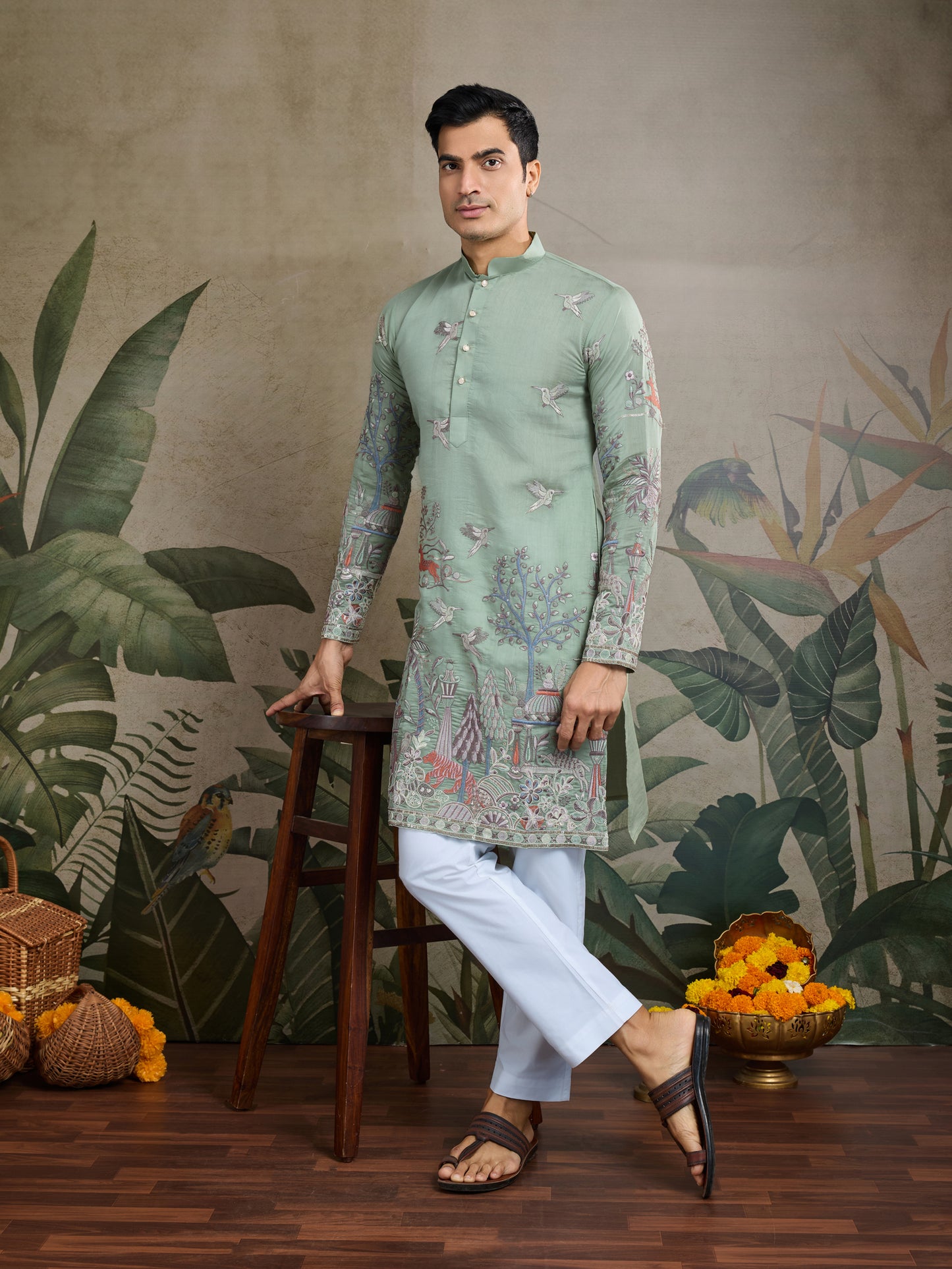 Pista Green Embroidered Celebration Kurta