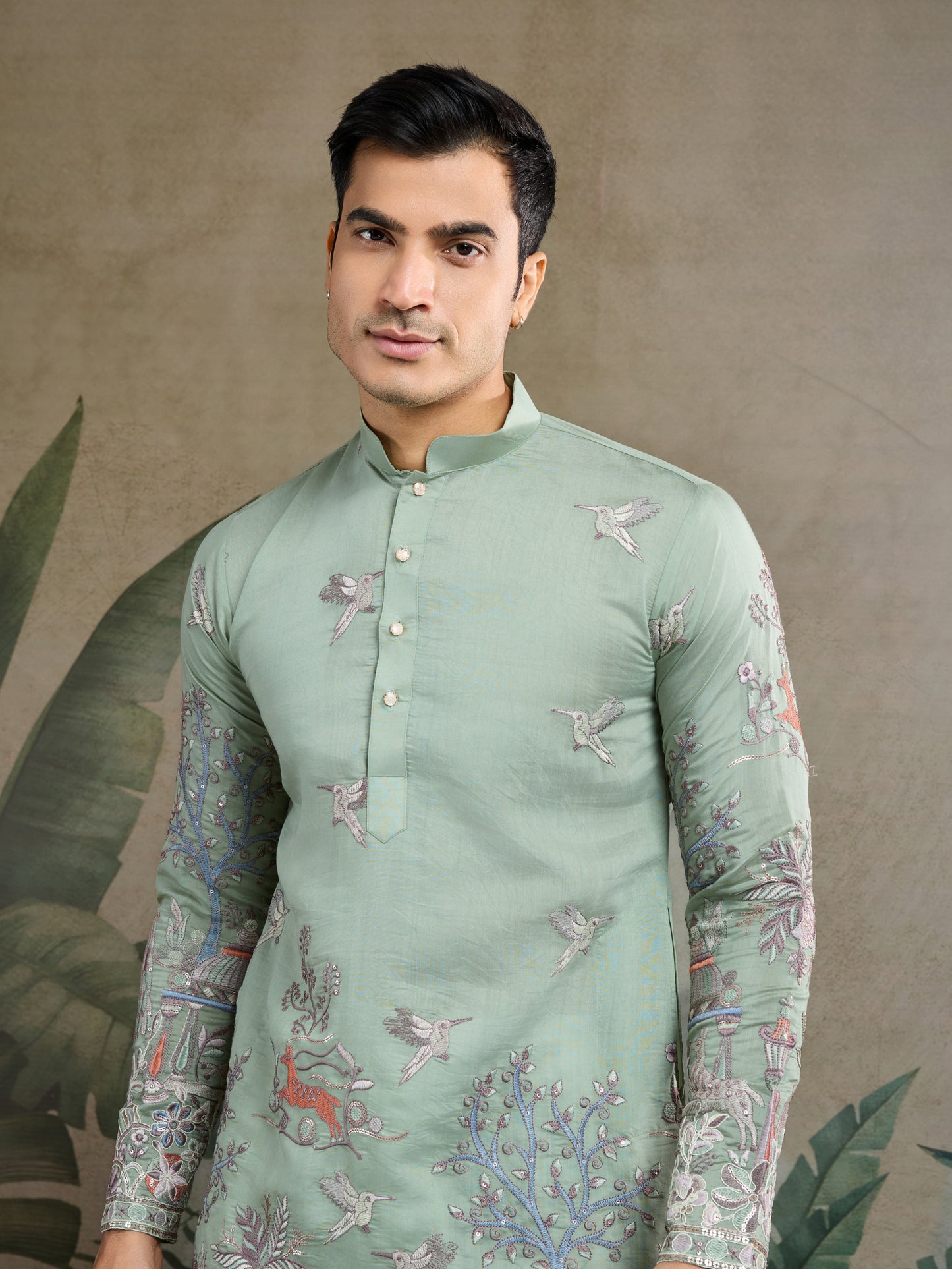 Pista Green Embroidered Celebration Kurta