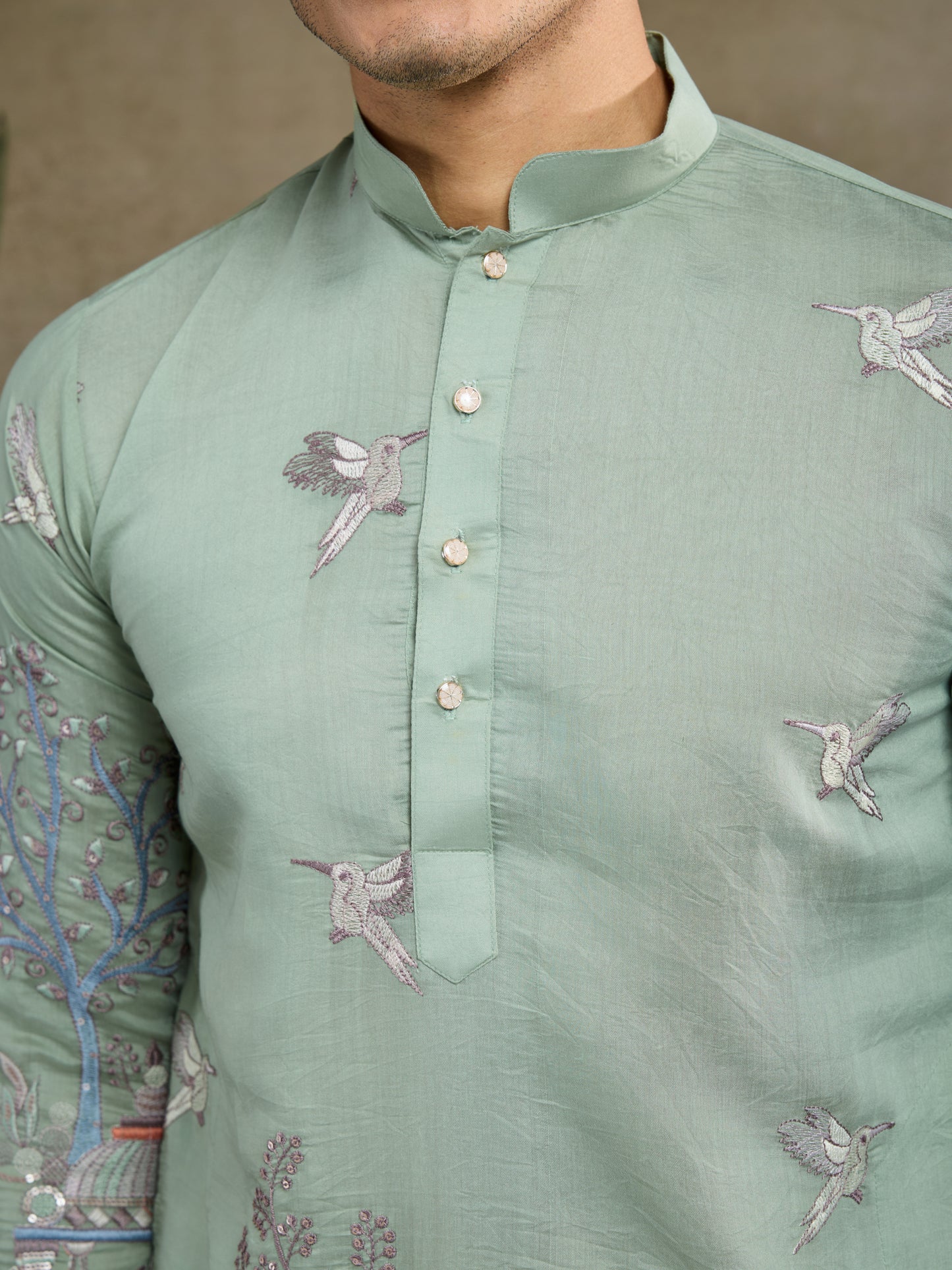 Pista Green Embroidered Celebration Kurta