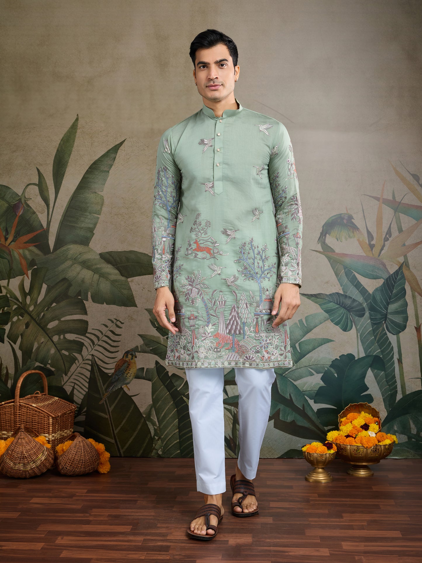 Pista Green Embroidered Celebration Kurta