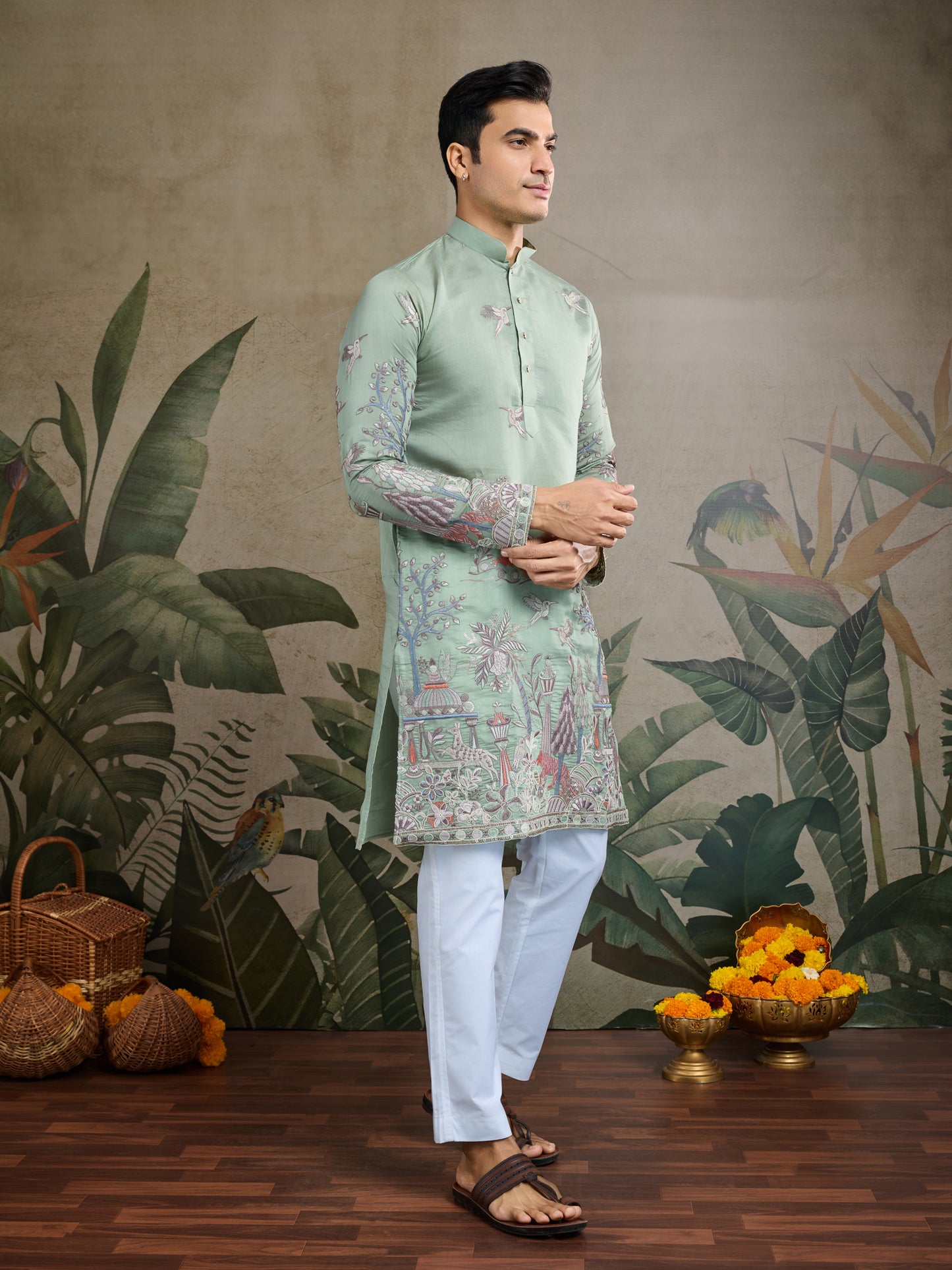 Pista Green Embroidered Celebration Kurta