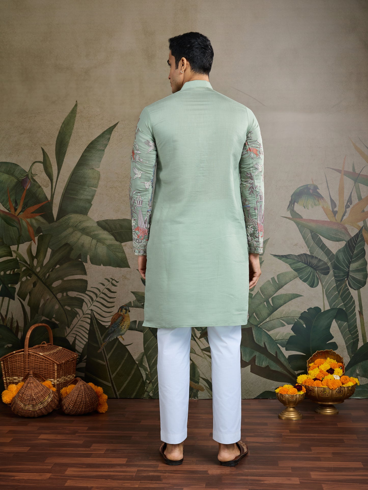 Pista Green Embroidered Celebration Kurta