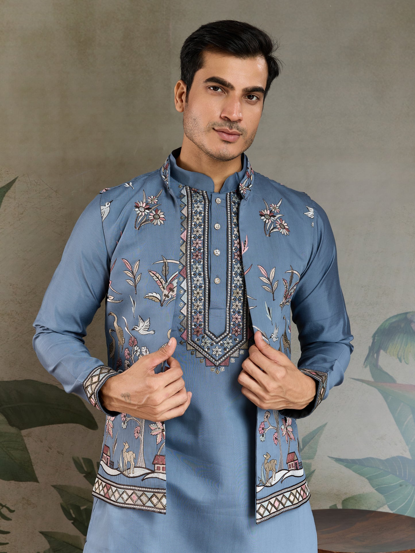 Elegant Blue Embroidered Kurta Set with Jacket