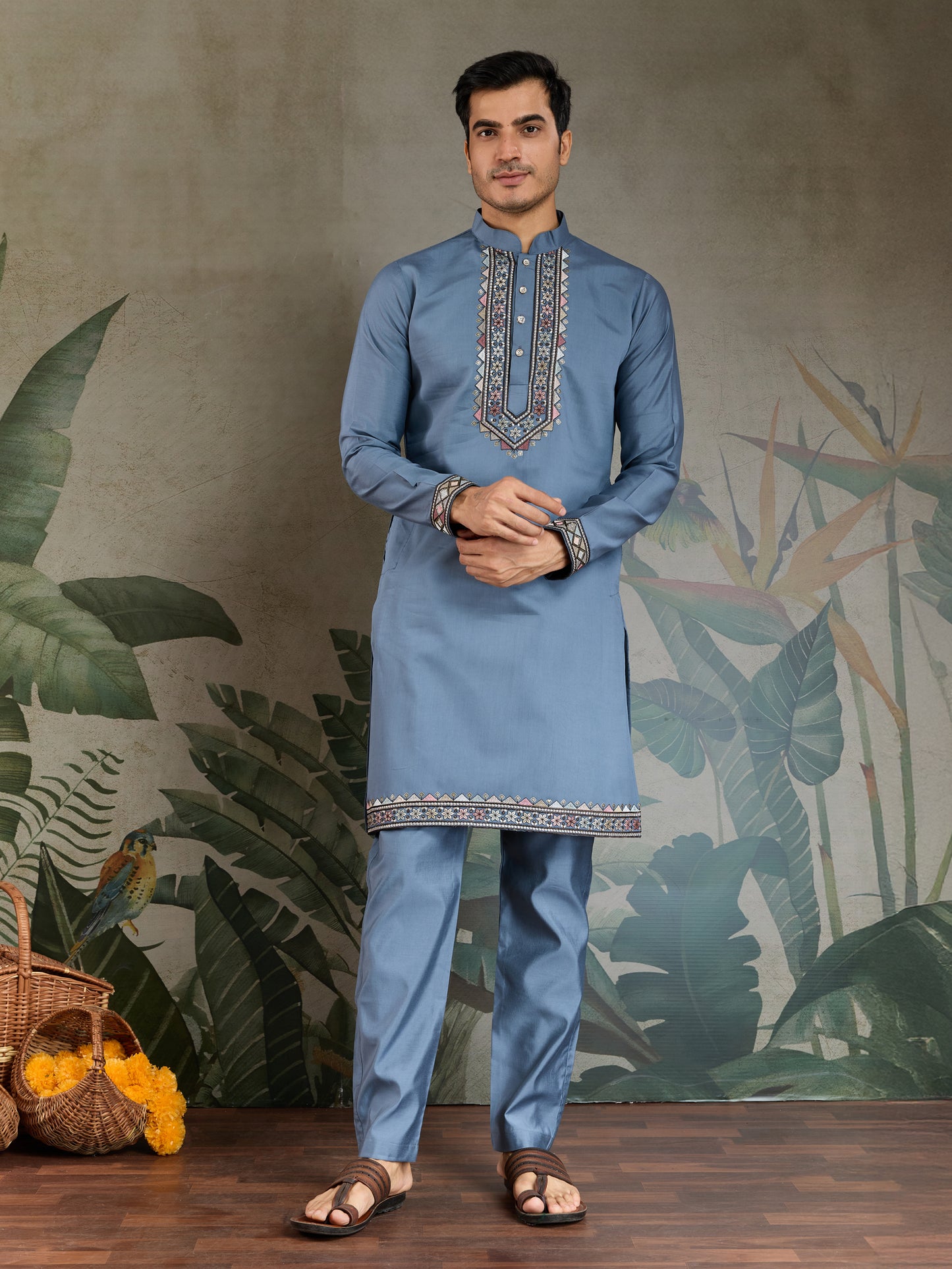 Elegant Blue Embroidered Kurta Set with Jacket