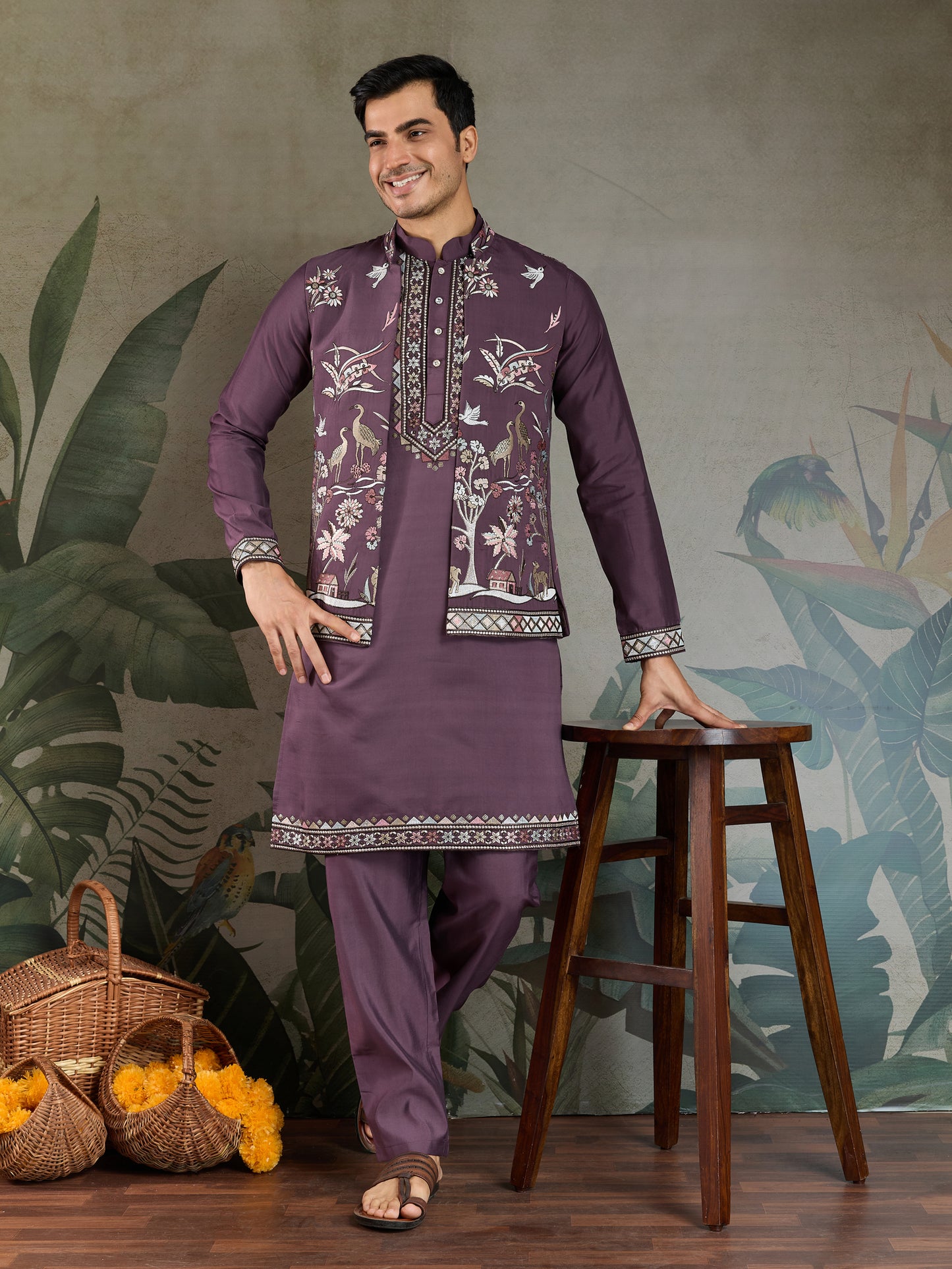 Men’s RUST PURPLE Embroidered Kurta Set with Jacket – Festive & Wedding Wear