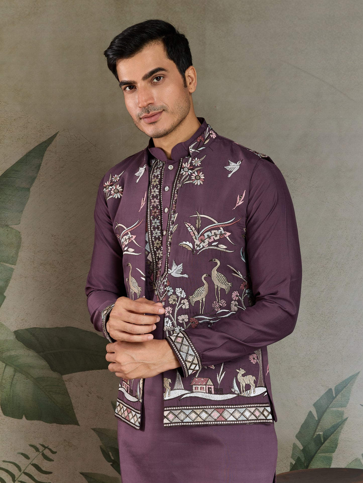 Men’s RUST PURPLE Embroidered Kurta Set with Jacket – Festive & Wedding Wear