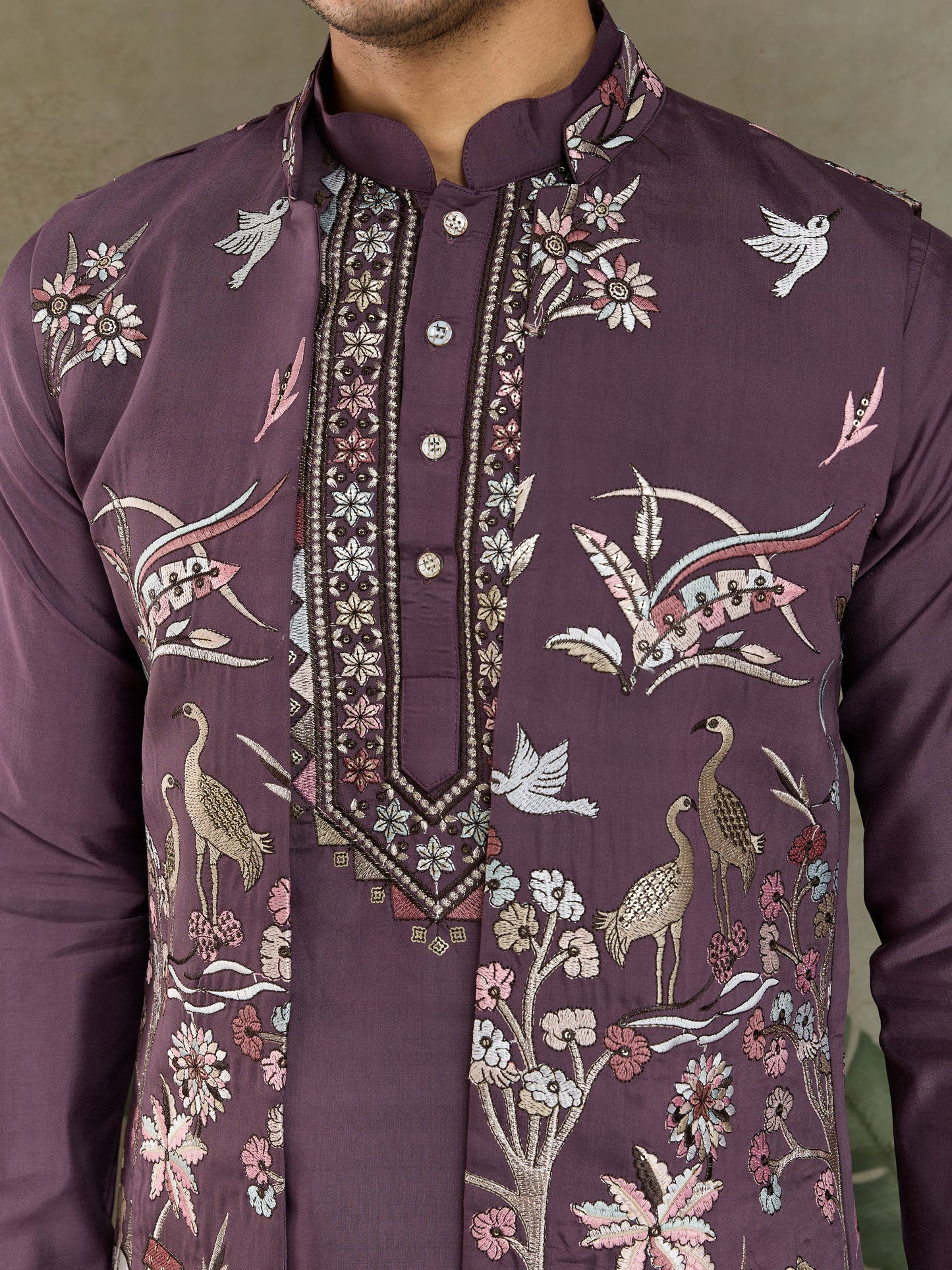 Men’s RUST PURPLE Embroidered Kurta Set with Jacket – Festive & Wedding Wear