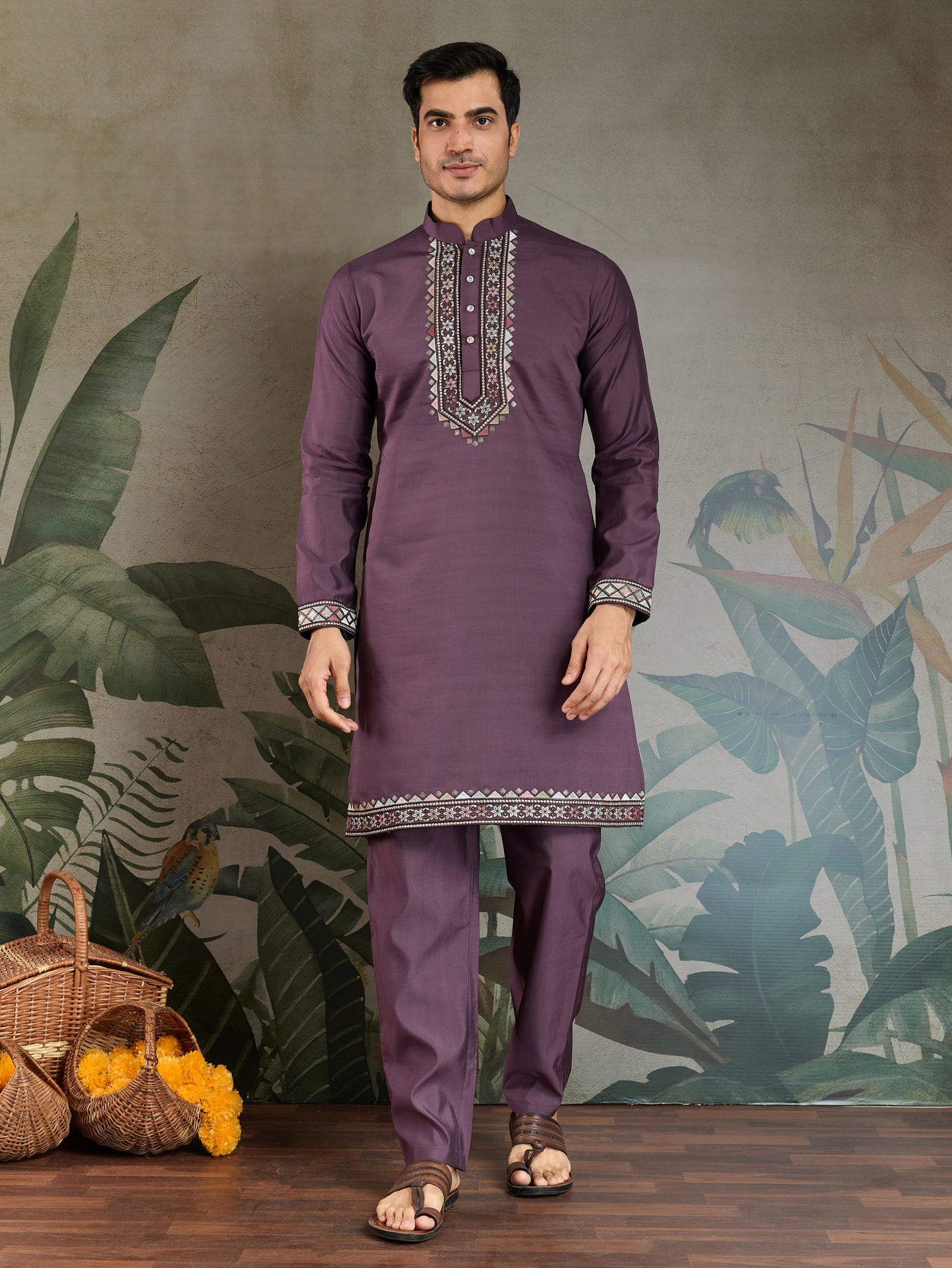 Men’s RUST PURPLE Embroidered Kurta Set with Jacket – Festive & Wedding Wear