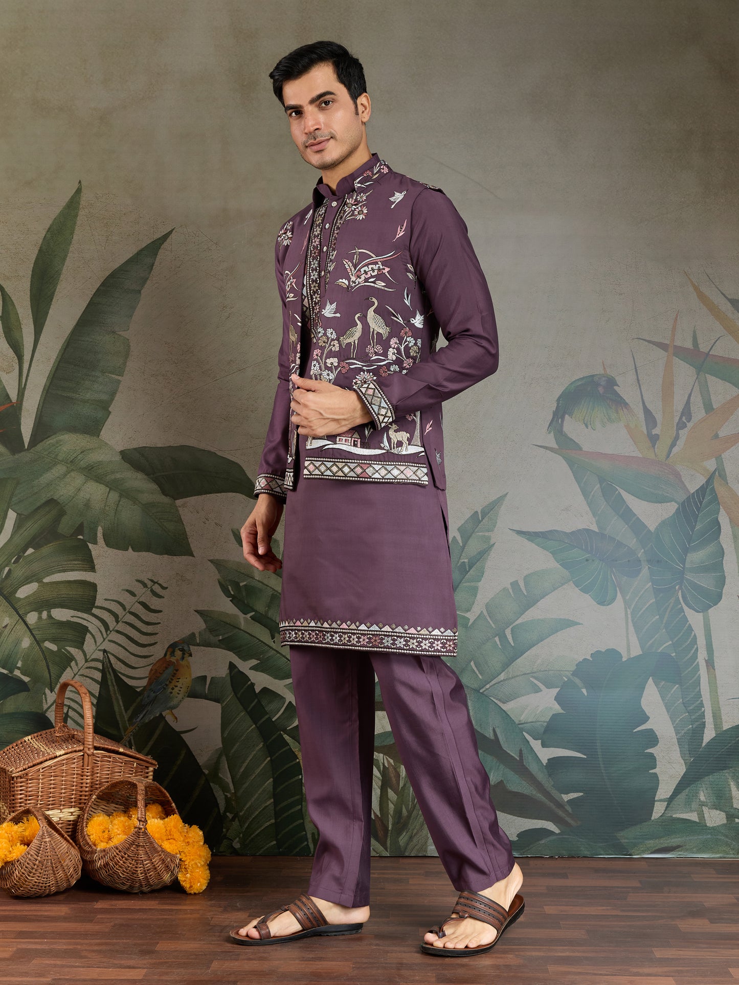 Men’s RUST PURPLE Embroidered Kurta Set with Jacket – Festive & Wedding Wear