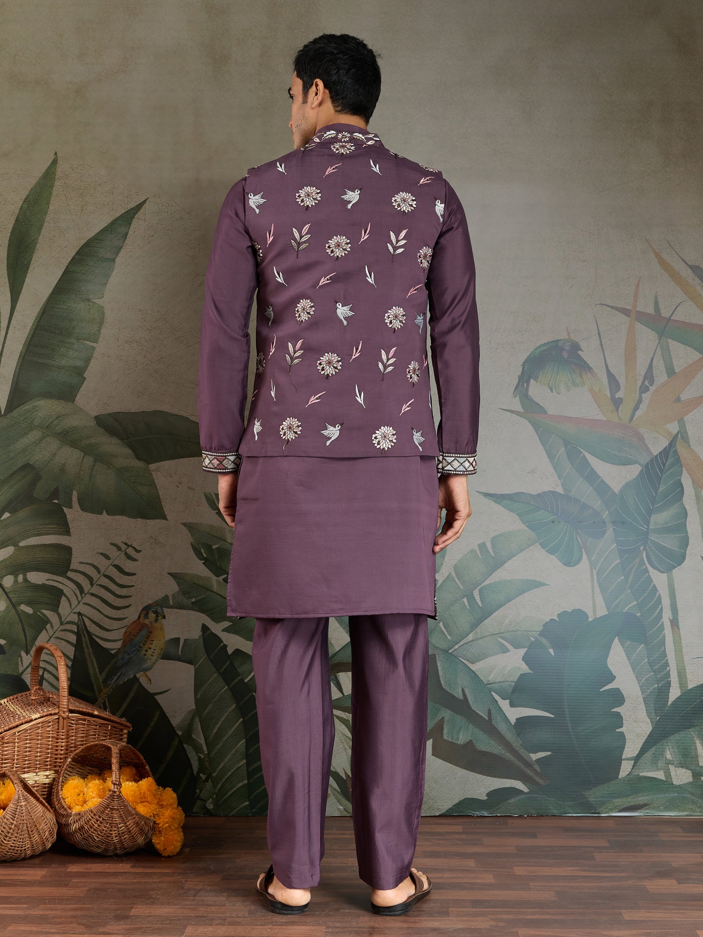 Men’s RUST PURPLE Embroidered Kurta Set with Jacket – Festive & Wedding Wear