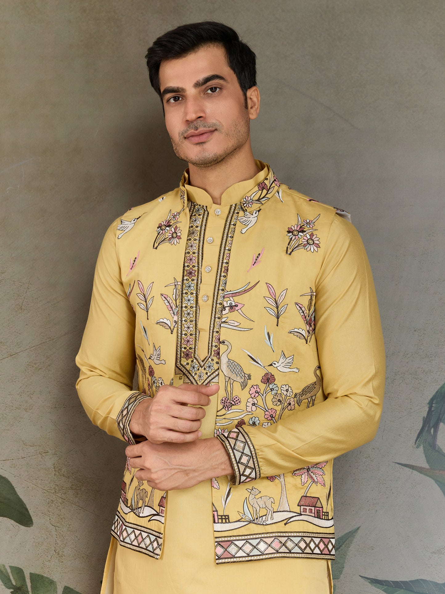 Mustard Yellow Embroidered Kurta Set with Printed Nehru Jacket