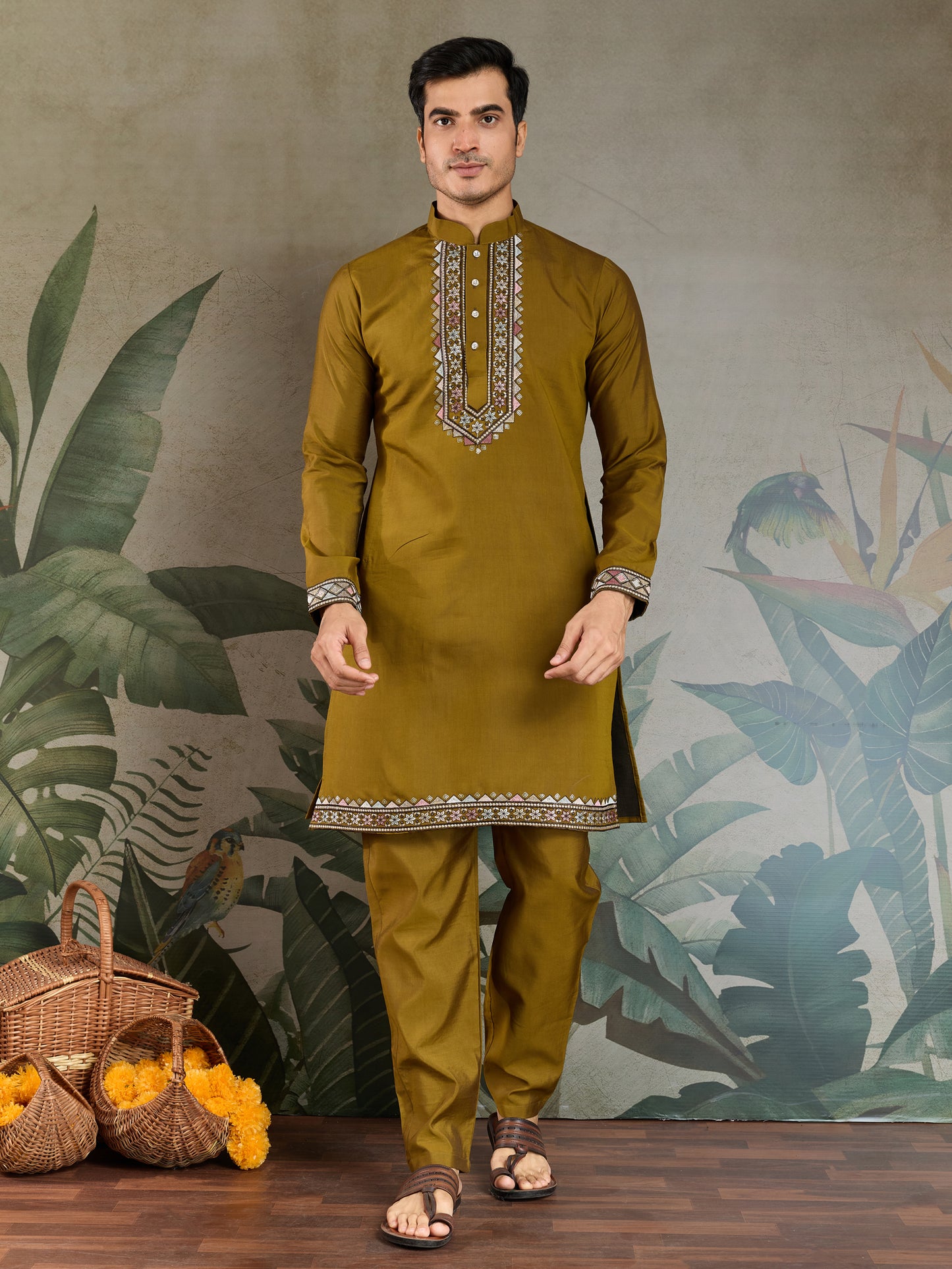 Mustard Embroidered Kurta Pajama Set – Festive & Wedding Wear