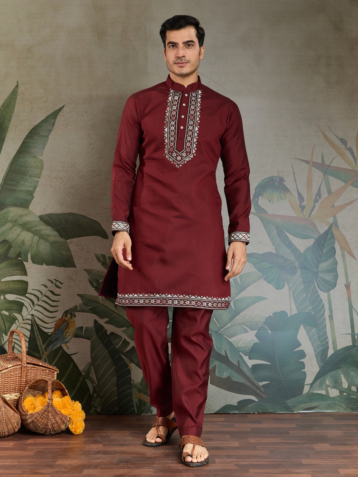 Maroon Embroidered Kurta Pajama Set – Premium Ethnic Wear for Men