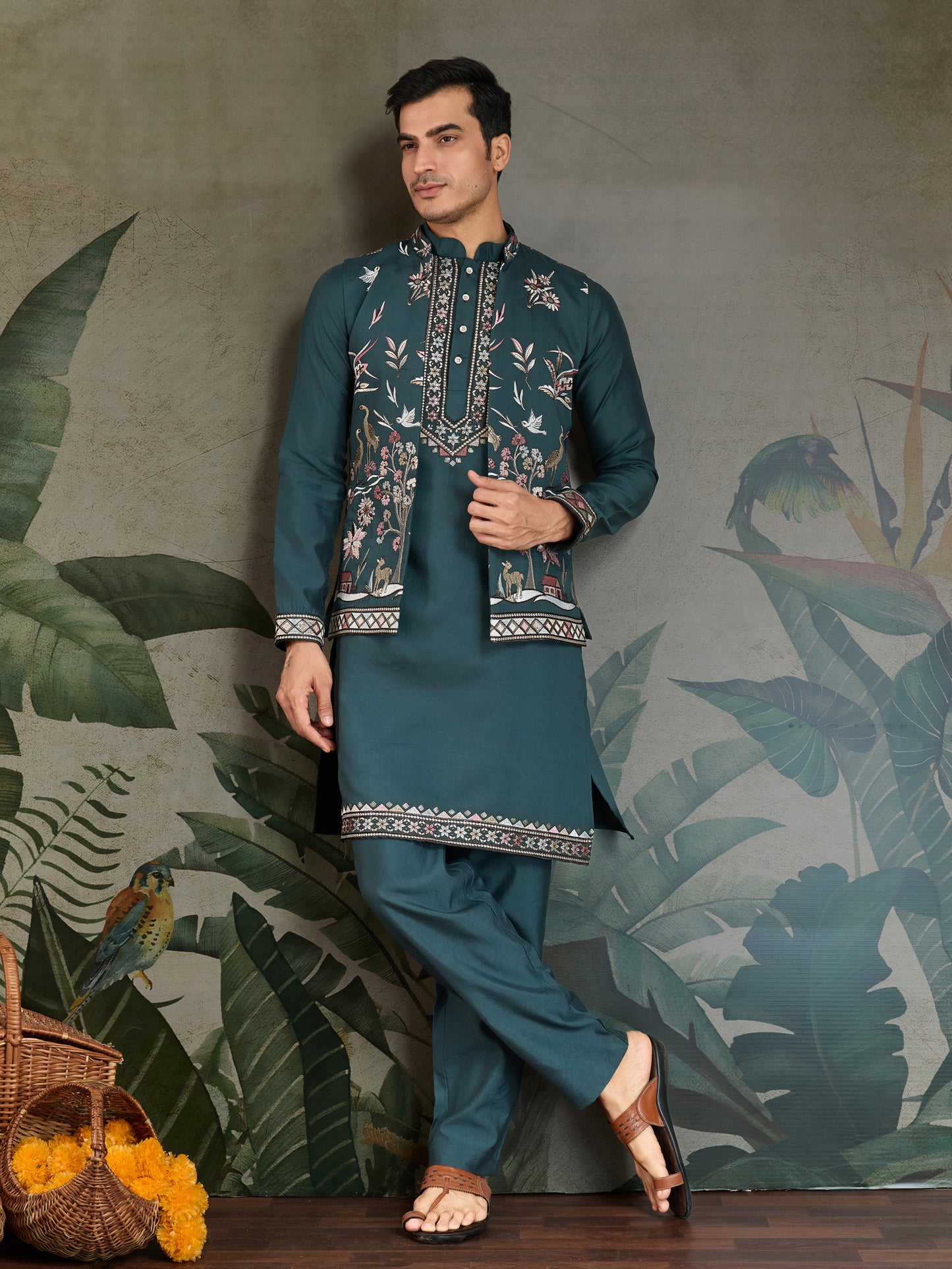 Teal Green Embroidered Kurta Set with Ethnic Jacket – Festive & Wedding Wear
