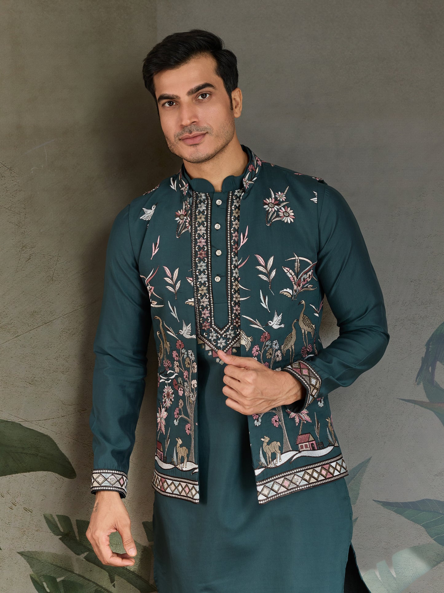Teal Green Embroidered Kurta Set with Ethnic Jacket – Festive & Wedding Wear