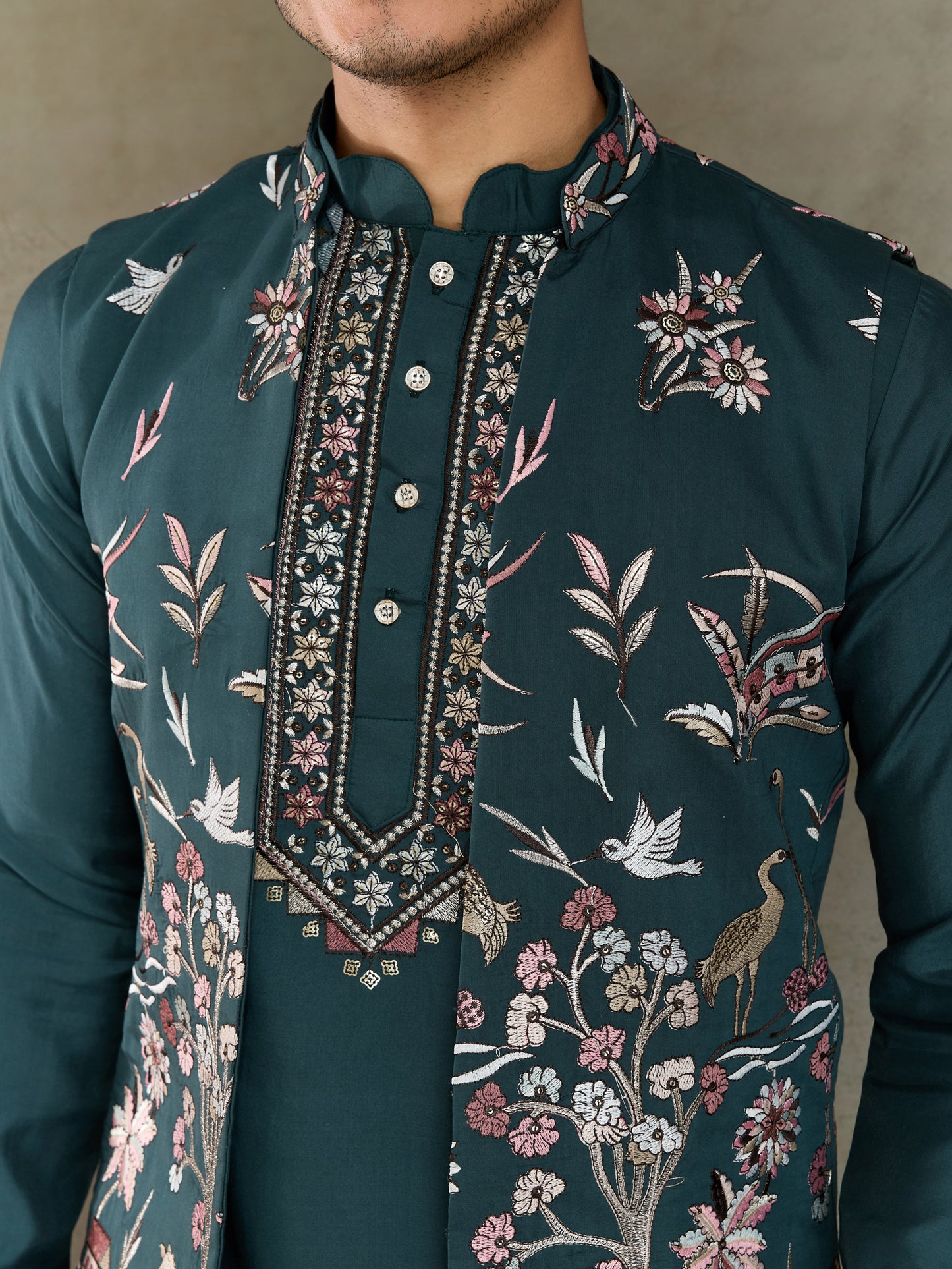 Teal Green Embroidered Kurta Set with Ethnic Jacket – Festive & Wedding Wear