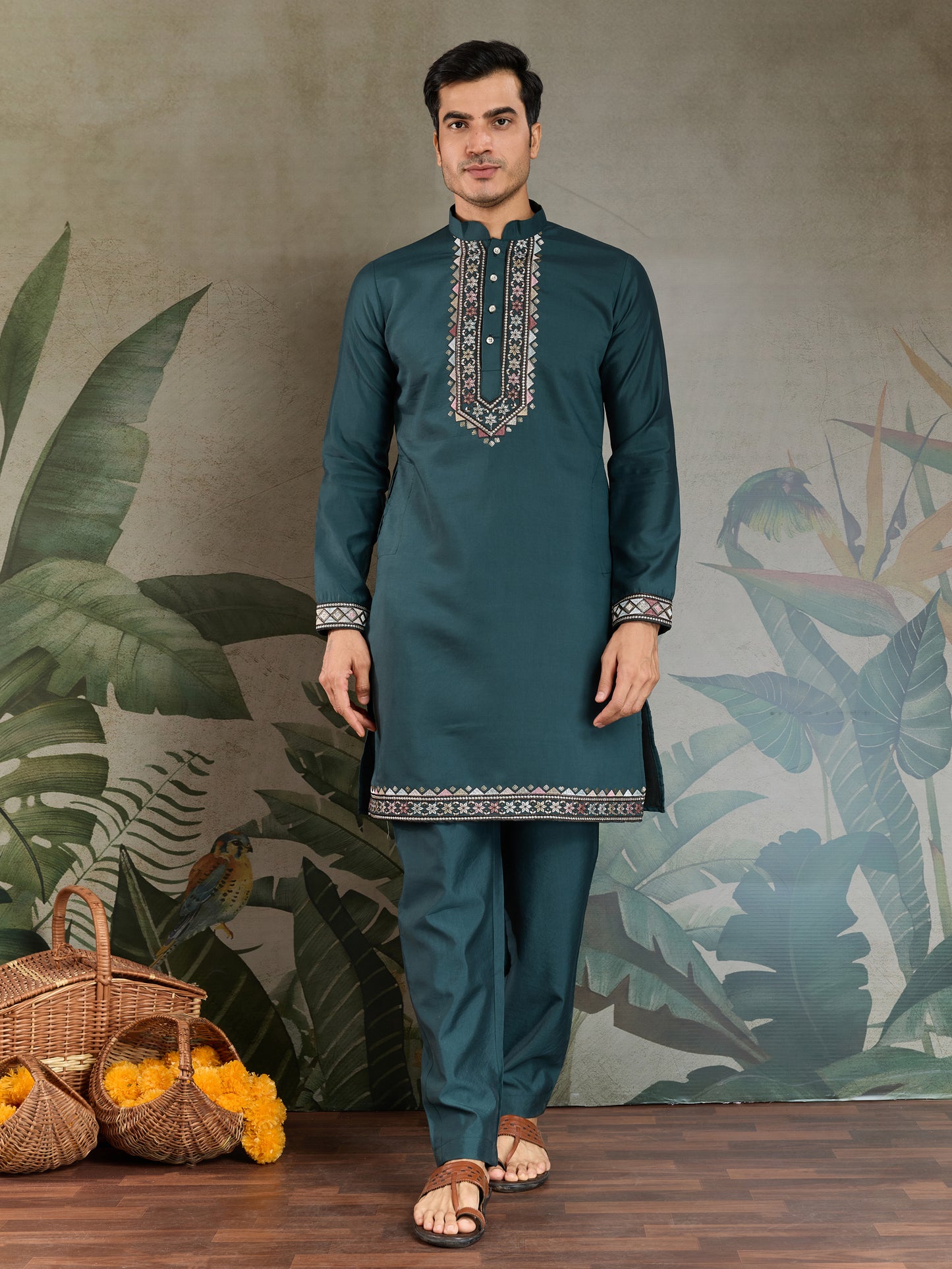 Teal Green Embroidered Kurta Set with Ethnic Jacket – Festive & Wedding Wear