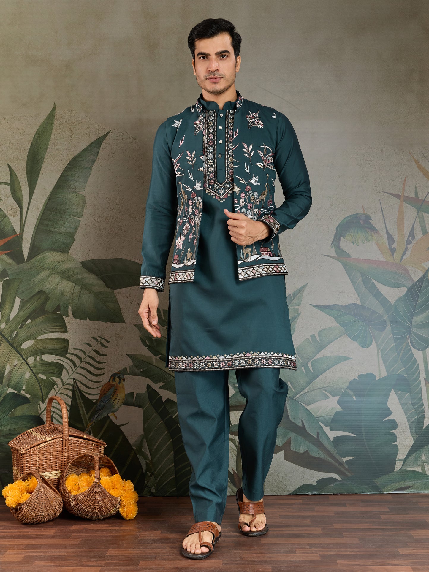 Teal Green Embroidered Kurta Set with Ethnic Jacket – Festive & Wedding Wear