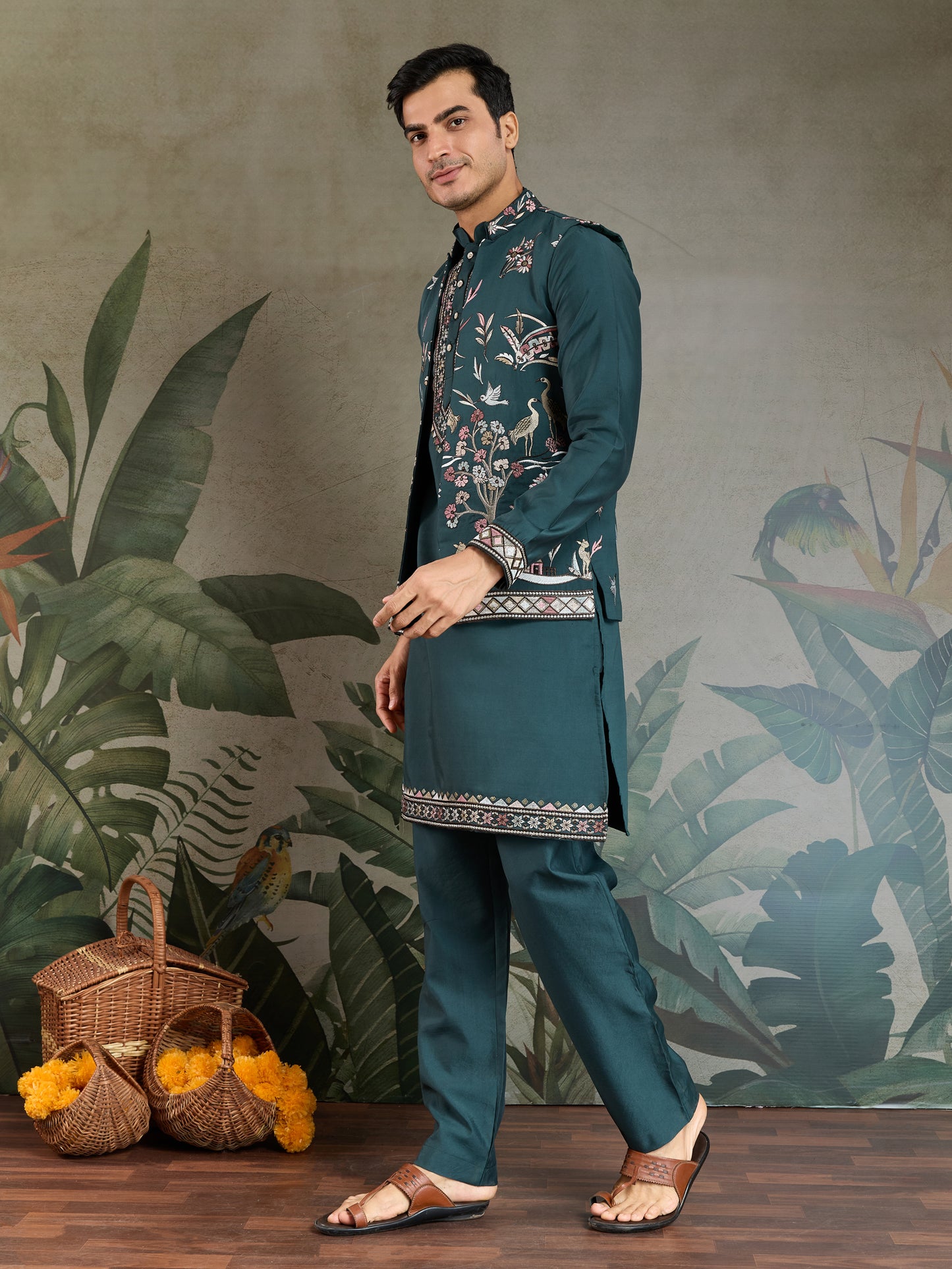 Teal Green Embroidered Kurta Set with Ethnic Jacket – Festive & Wedding Wear