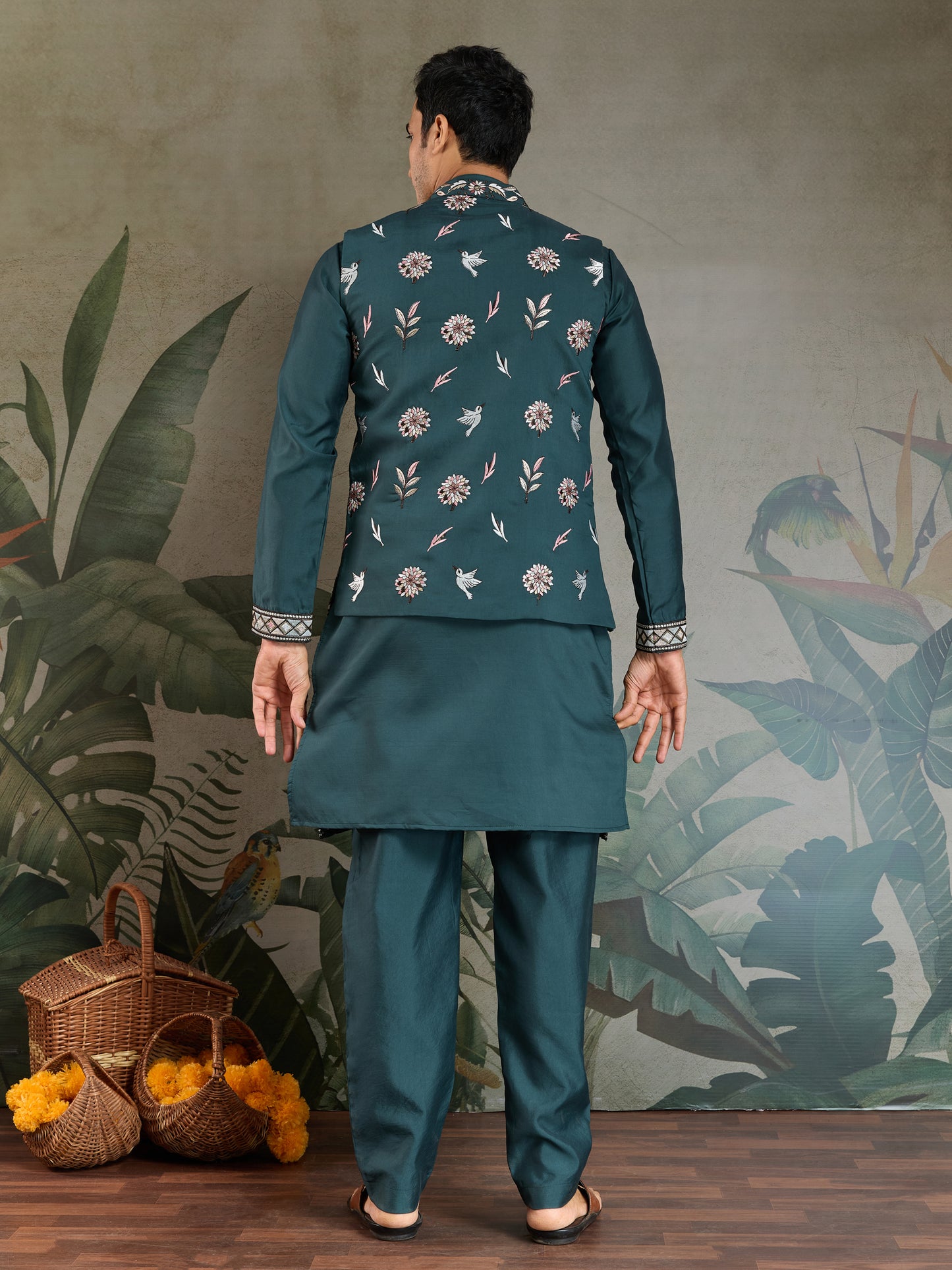 Teal Green Embroidered Kurta Set with Ethnic Jacket – Festive & Wedding Wear