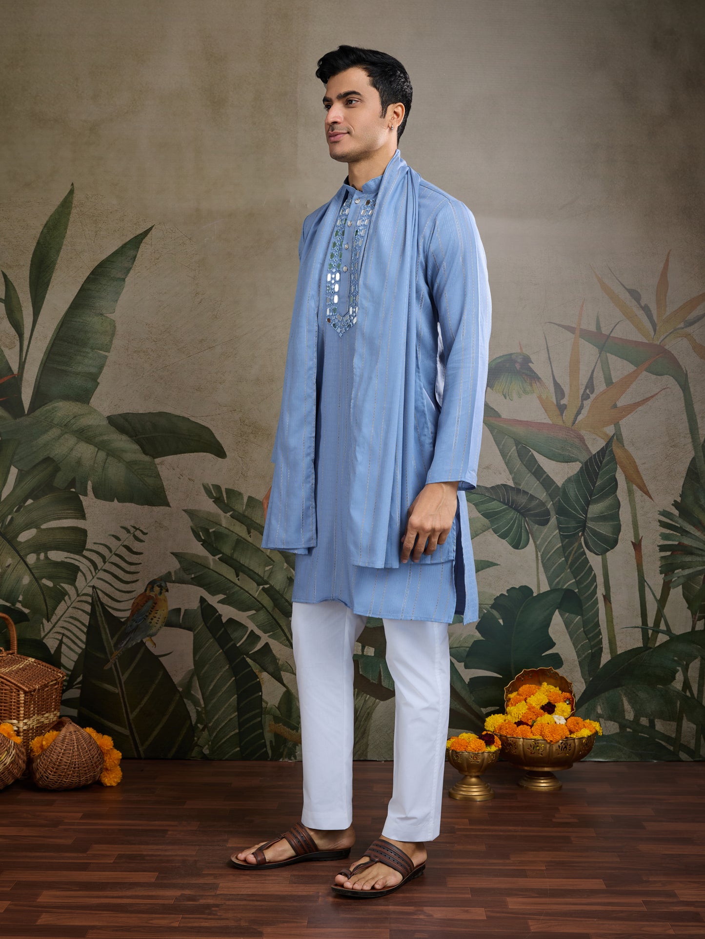 Light Blue Mirror Work Kurta Set for Men