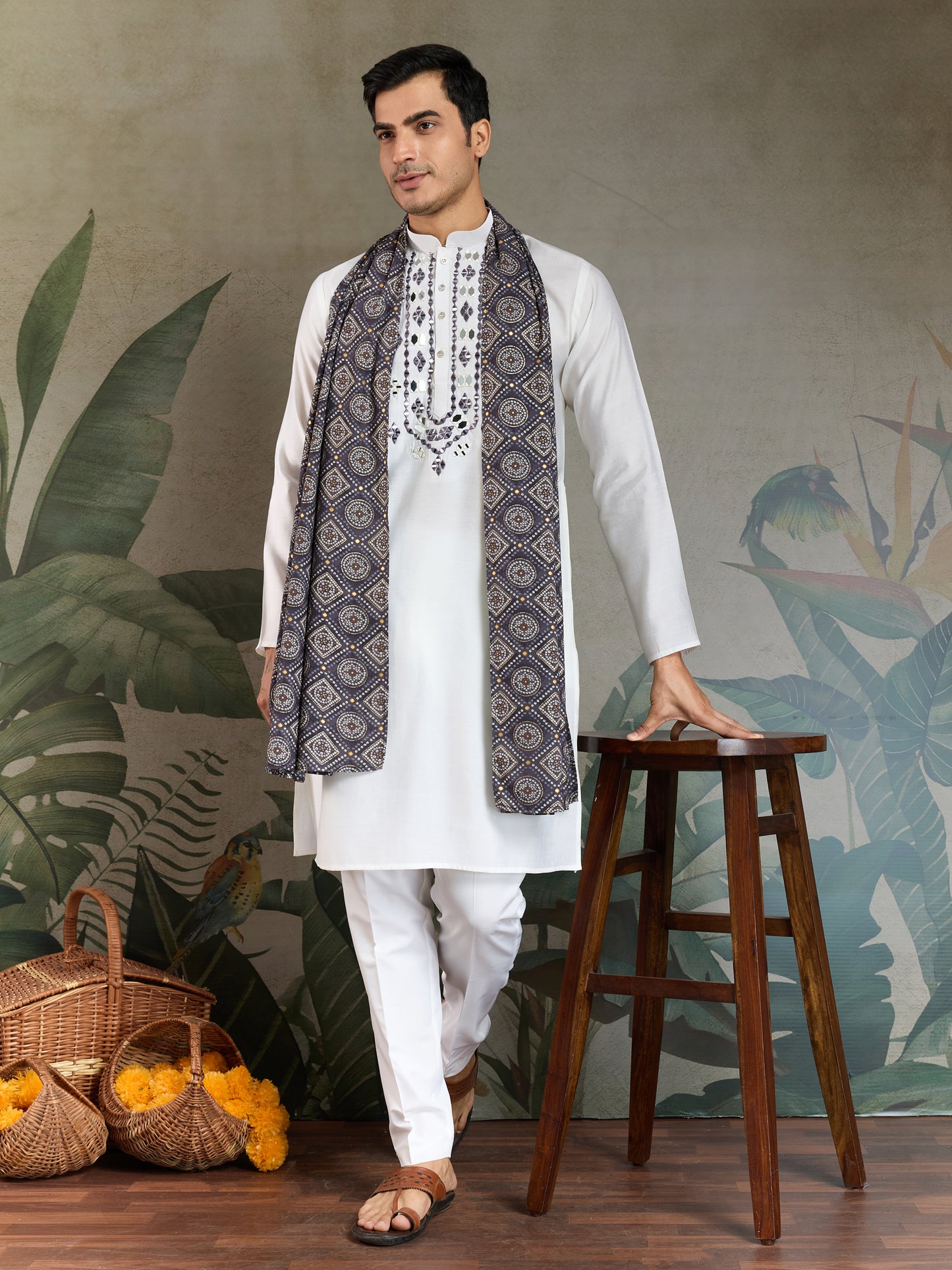 Men’s White Viscose Kurta with Dusty Purple Mirror Work
