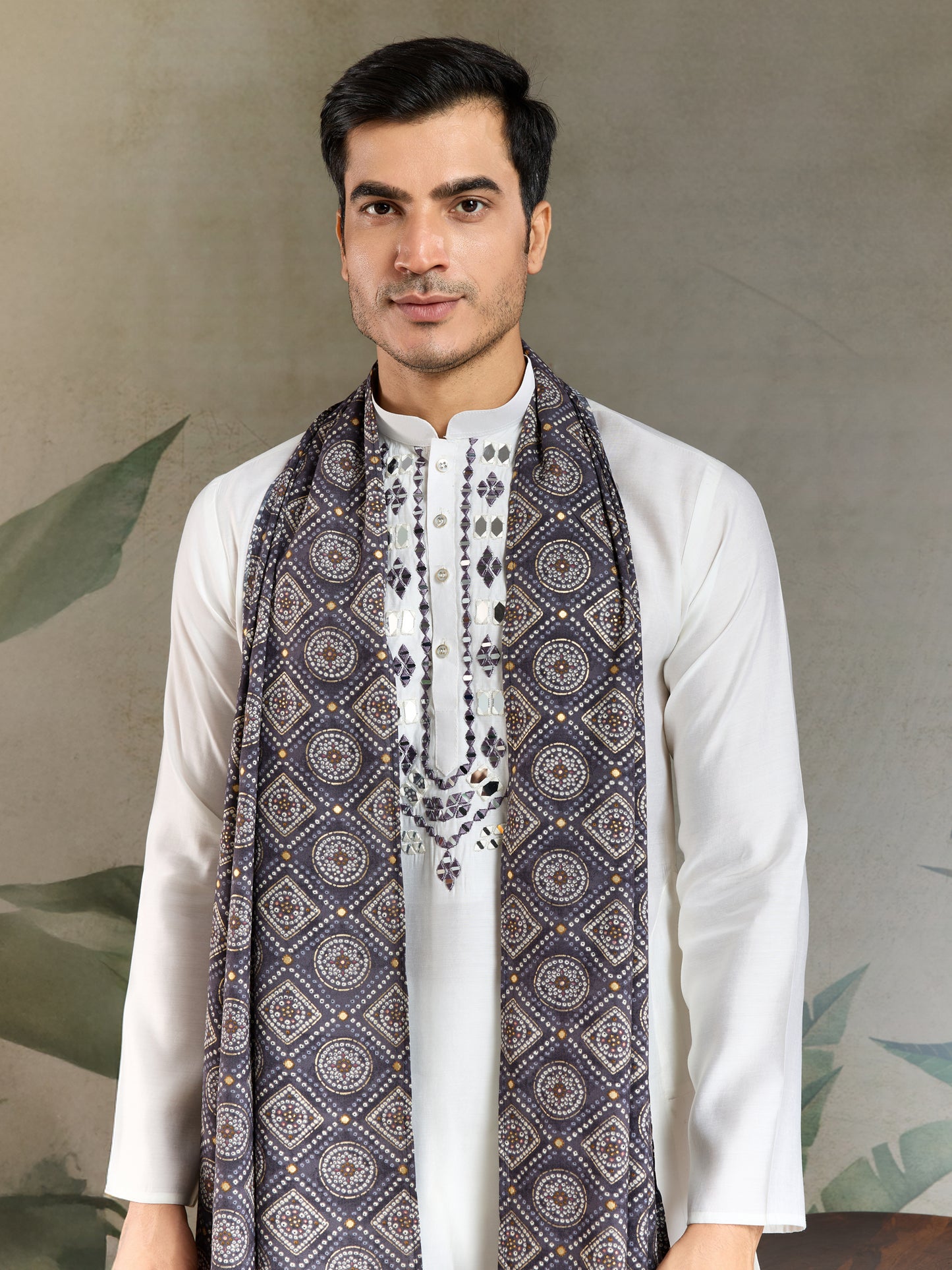 Men’s White Viscose Kurta with Dusty Purple Mirror Work