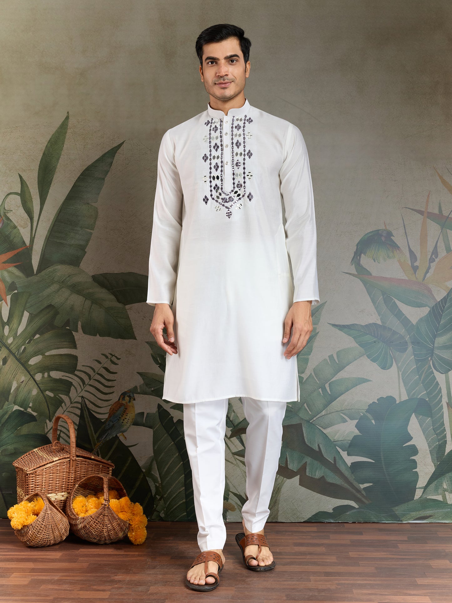 Men’s White Viscose Kurta with Dusty Purple Mirror Work
