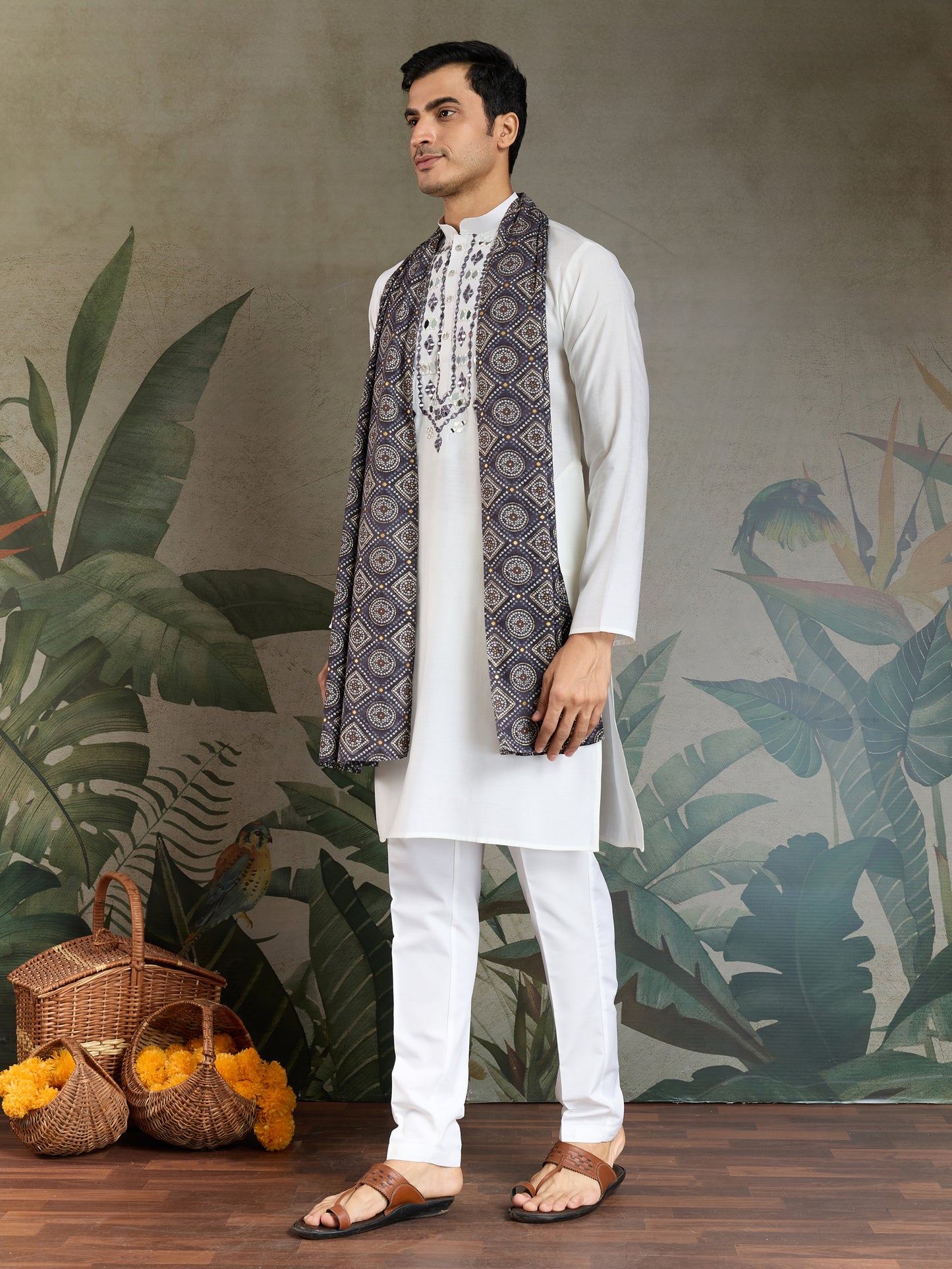 Men’s White Viscose Kurta with Dusty Purple Mirror Work