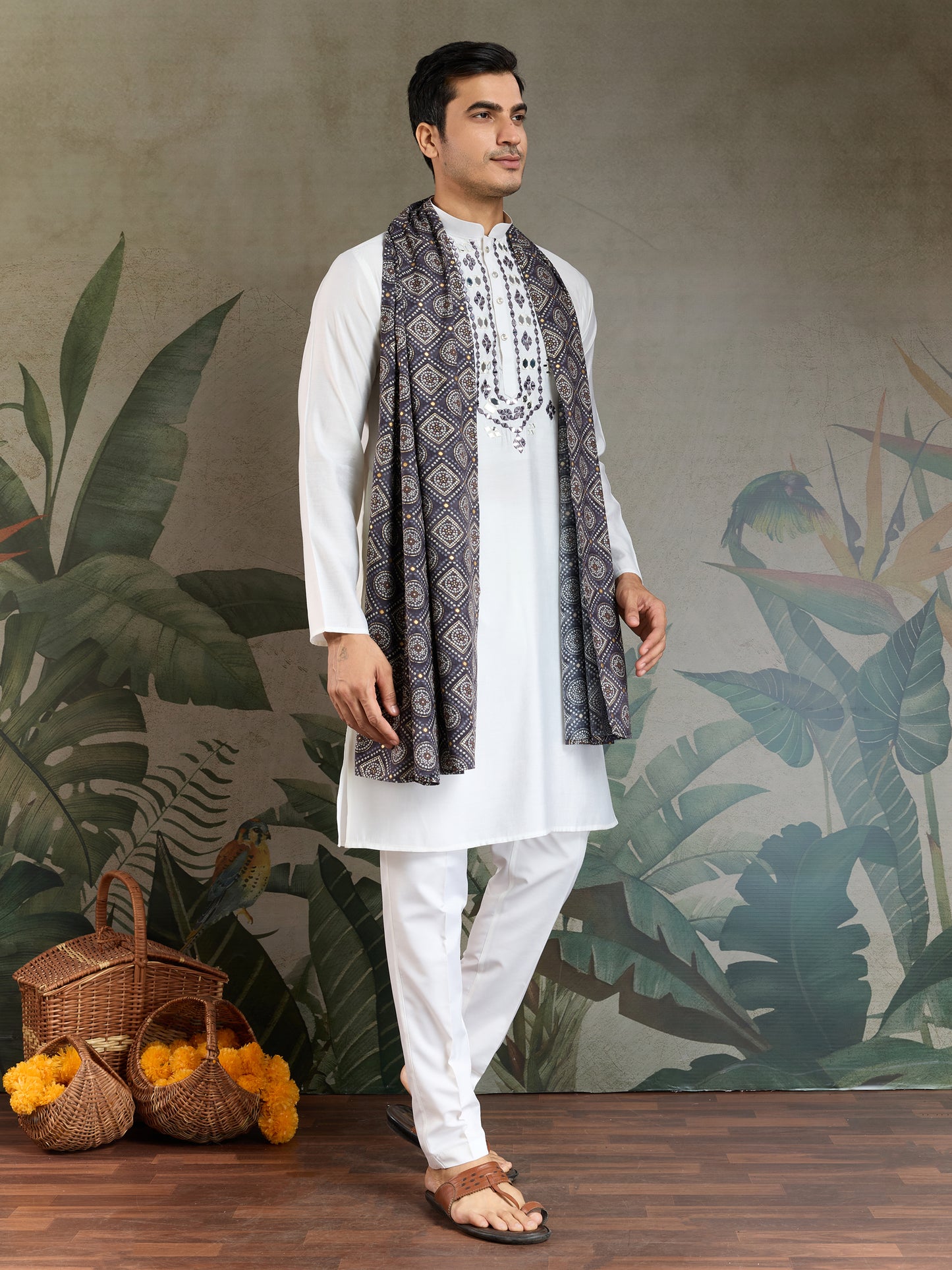 Men’s White Viscose Kurta with Dusty Purple Mirror Work