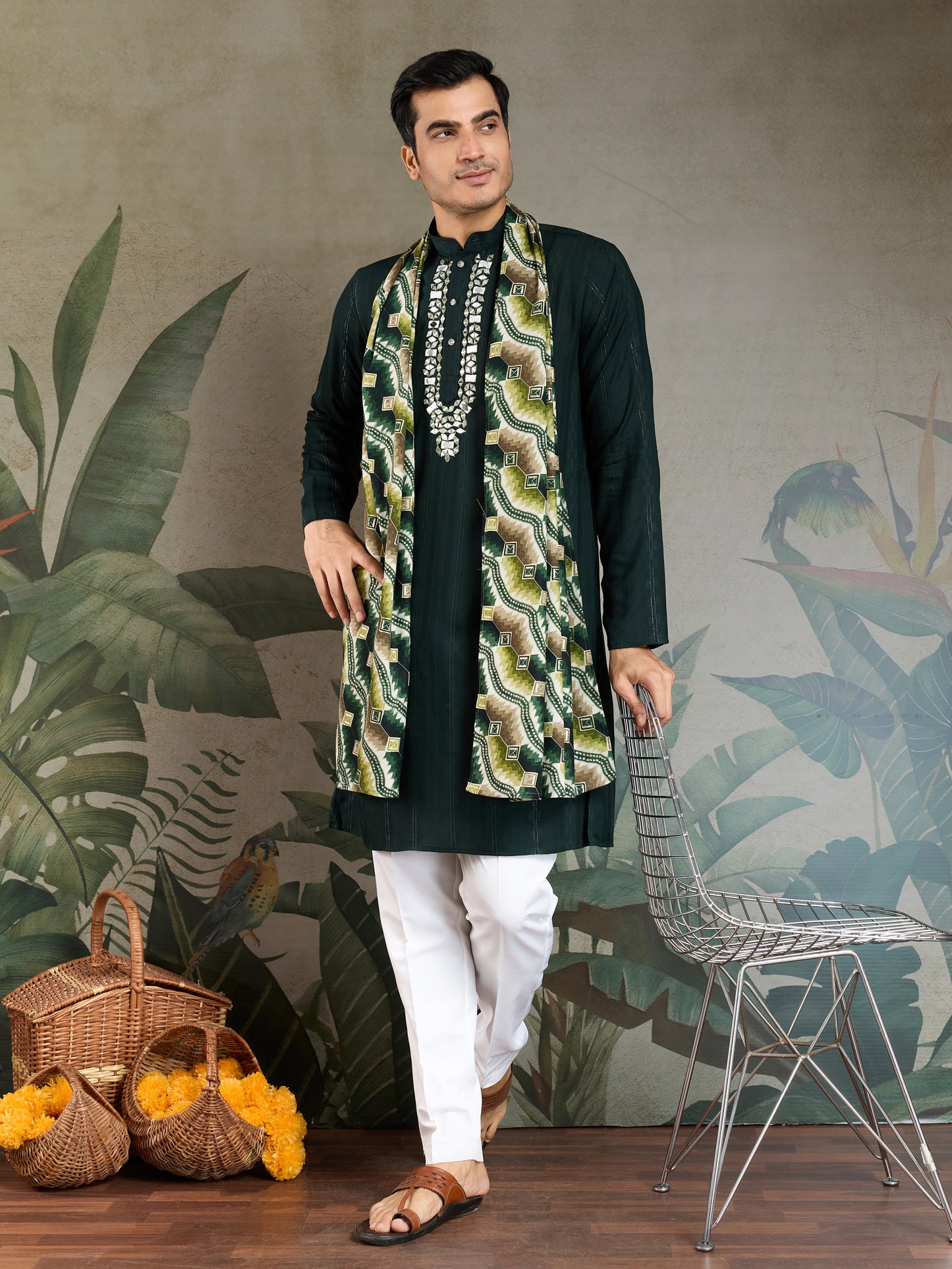 Elegant Green Viscose Kurta with Mirror Work & Printed Dupatta