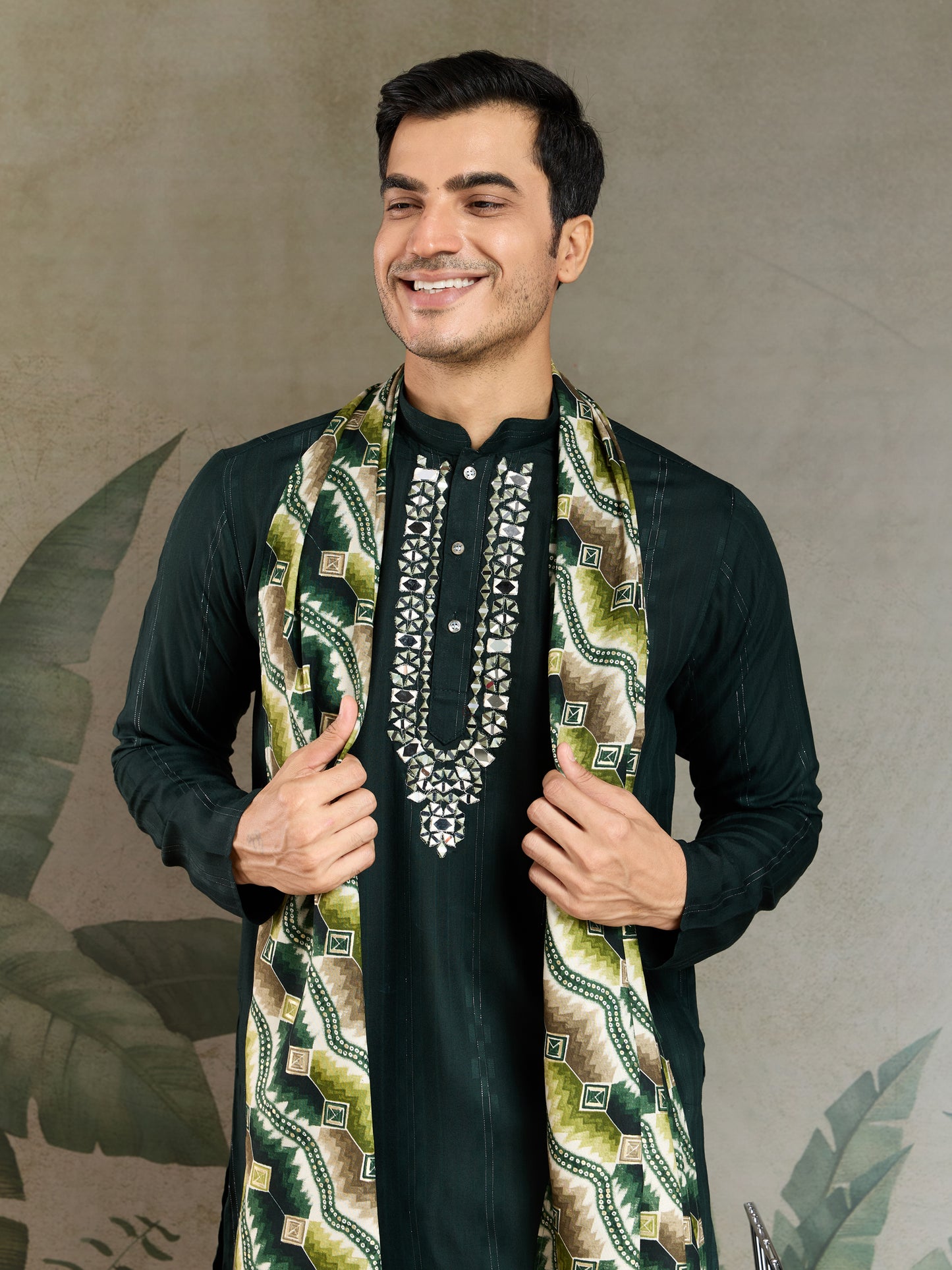 Elegant Green Viscose Kurta with Mirror Work & Printed Dupatta