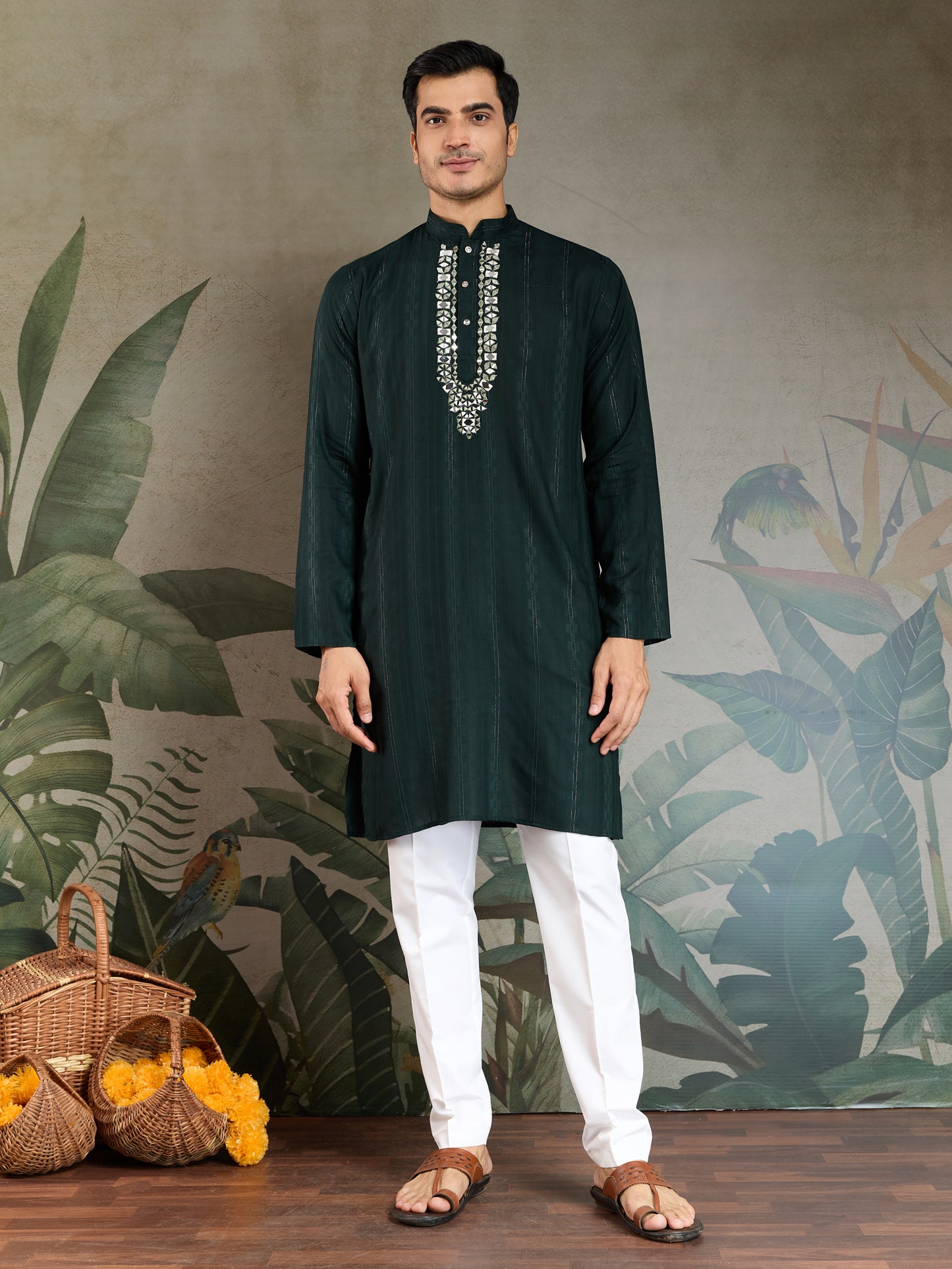 Elegant Green Viscose Kurta with Mirror Work & Printed Dupatta