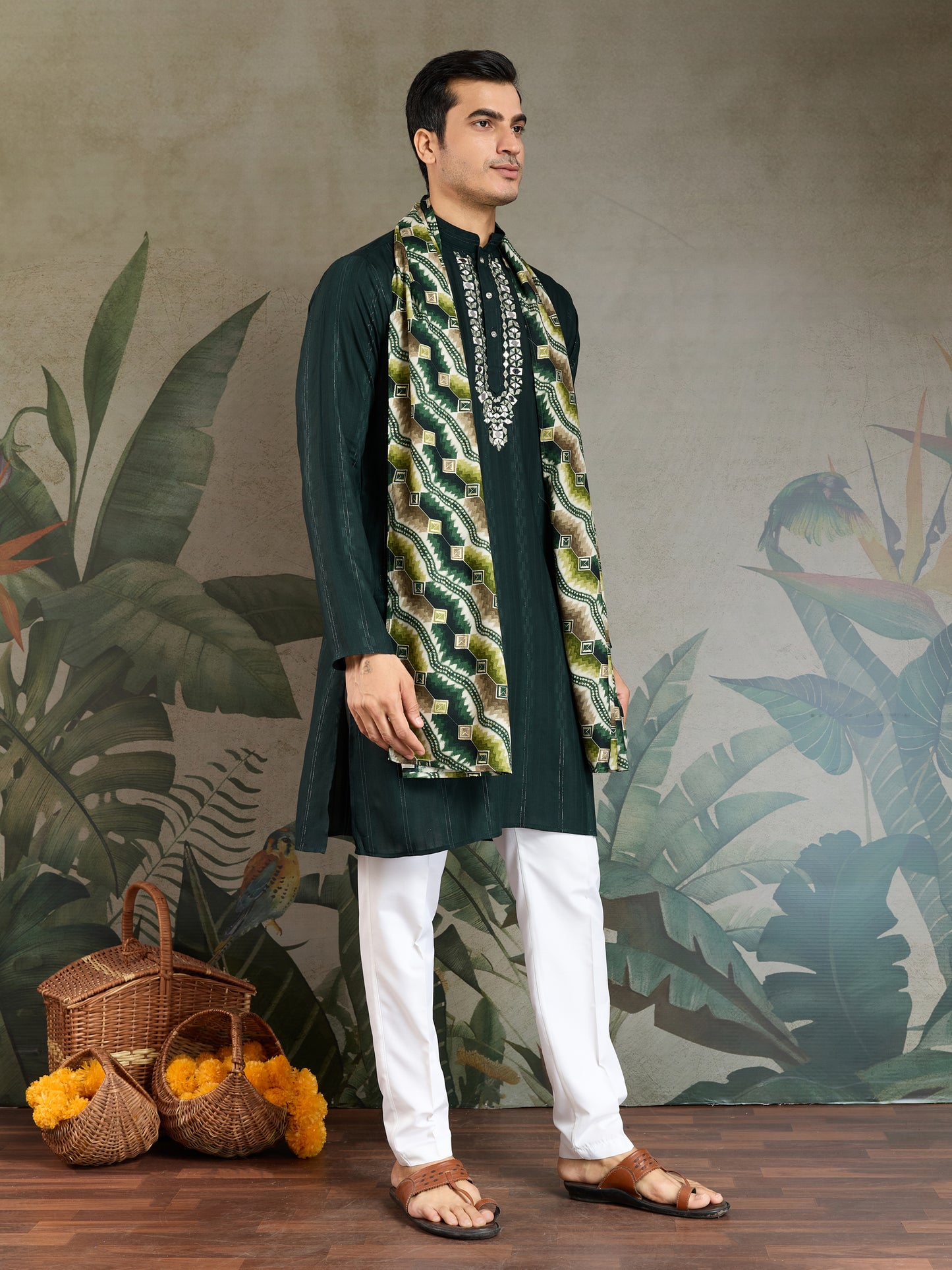 Elegant Green Viscose Kurta with Mirror Work & Printed Dupatta