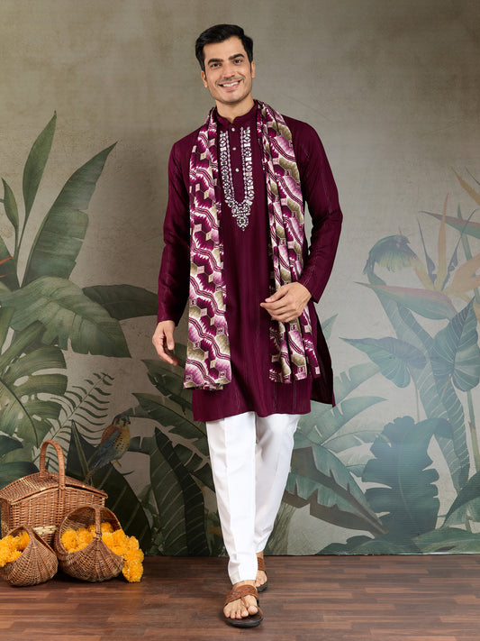 Royal Purple Viscose Kurta with Mirror Work & Printed Dupatta