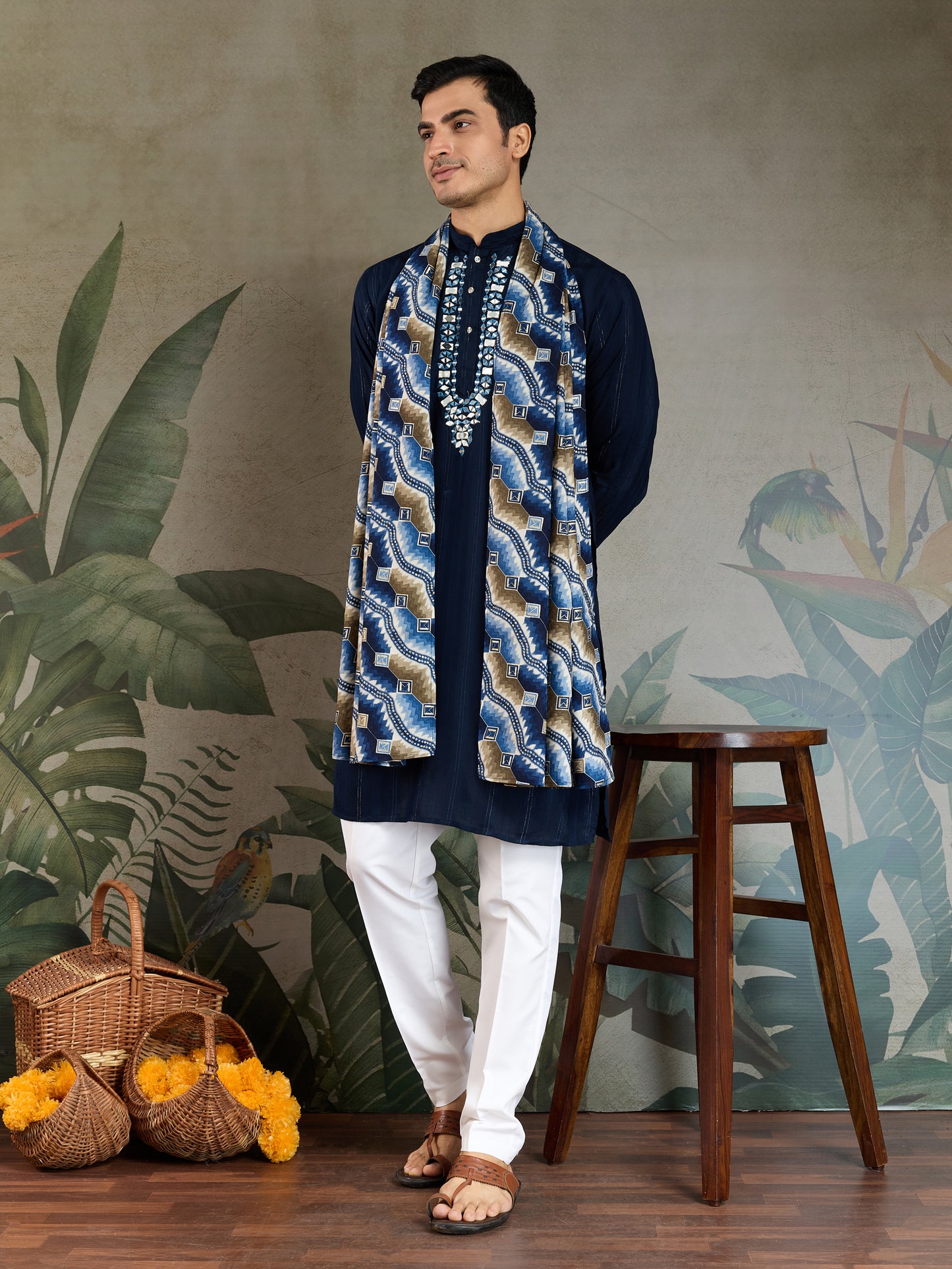 Stylish Navy Viscose Kurta with Mirror Work & Printed Dupatta