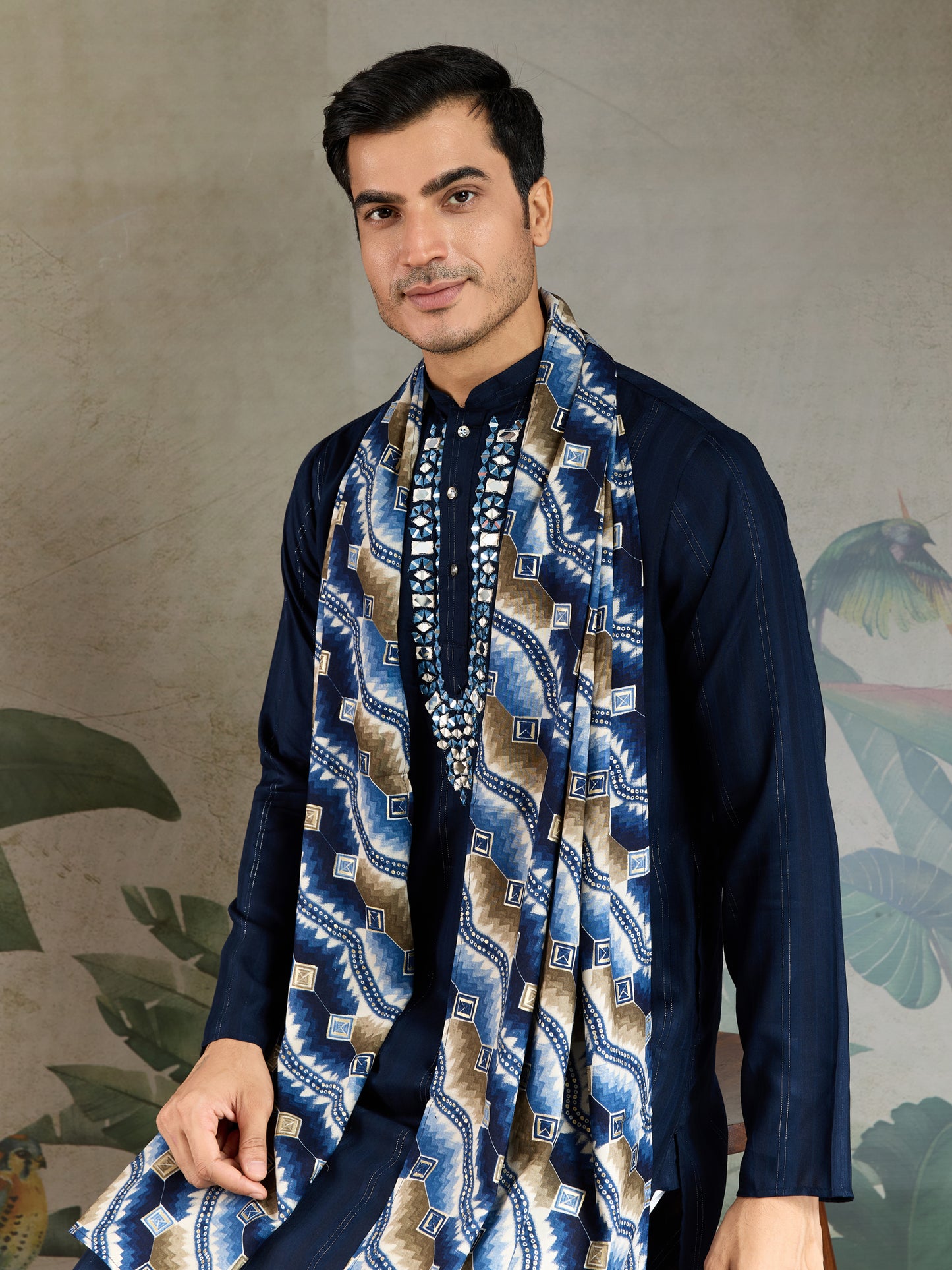 Stylish Navy Viscose Kurta with Mirror Work & Printed Dupatta