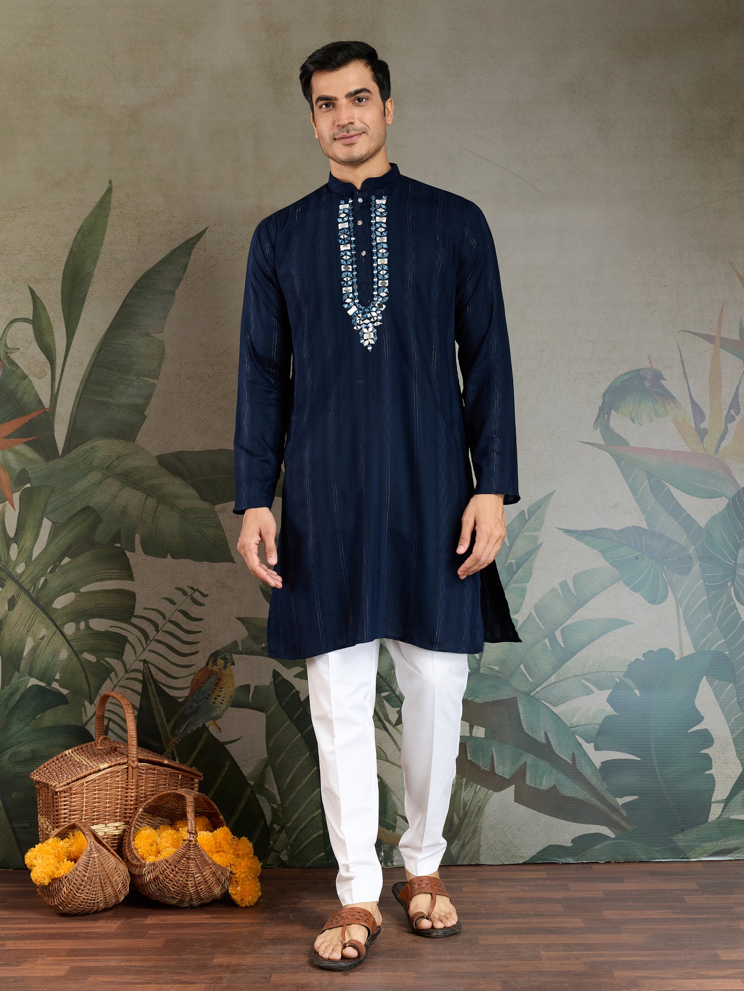 Stylish Navy Viscose Kurta with Mirror Work & Printed Dupatta