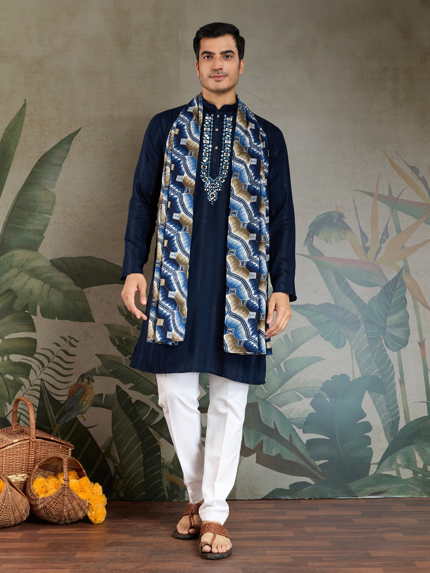 Stylish Navy Viscose Kurta with Mirror Work & Printed Dupatta