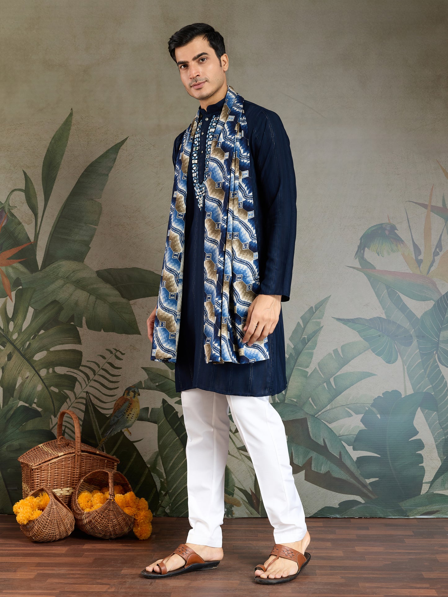 Stylish Navy Viscose Kurta with Mirror Work & Printed Dupatta