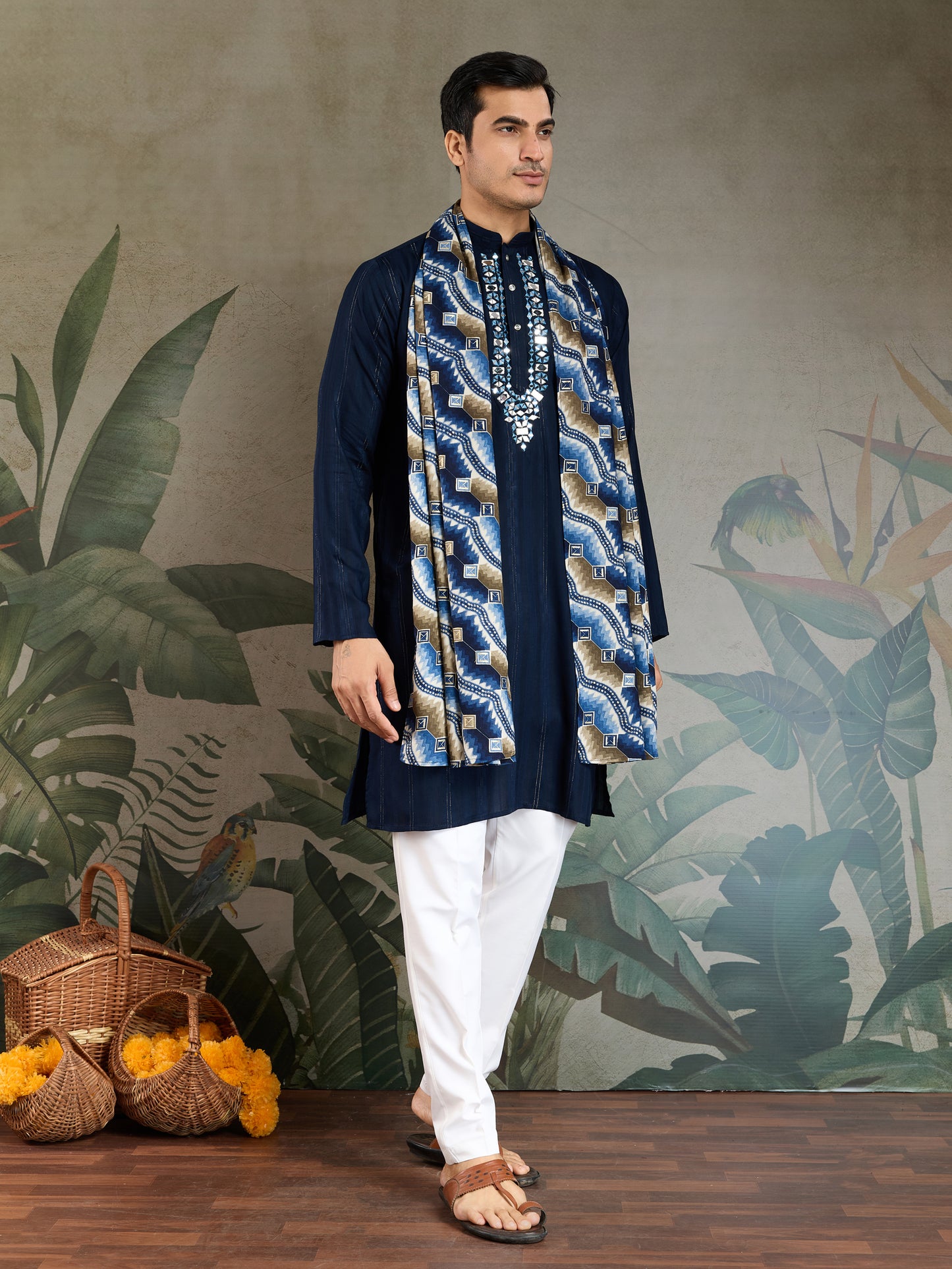 Stylish Navy Viscose Kurta with Mirror Work & Printed Dupatta