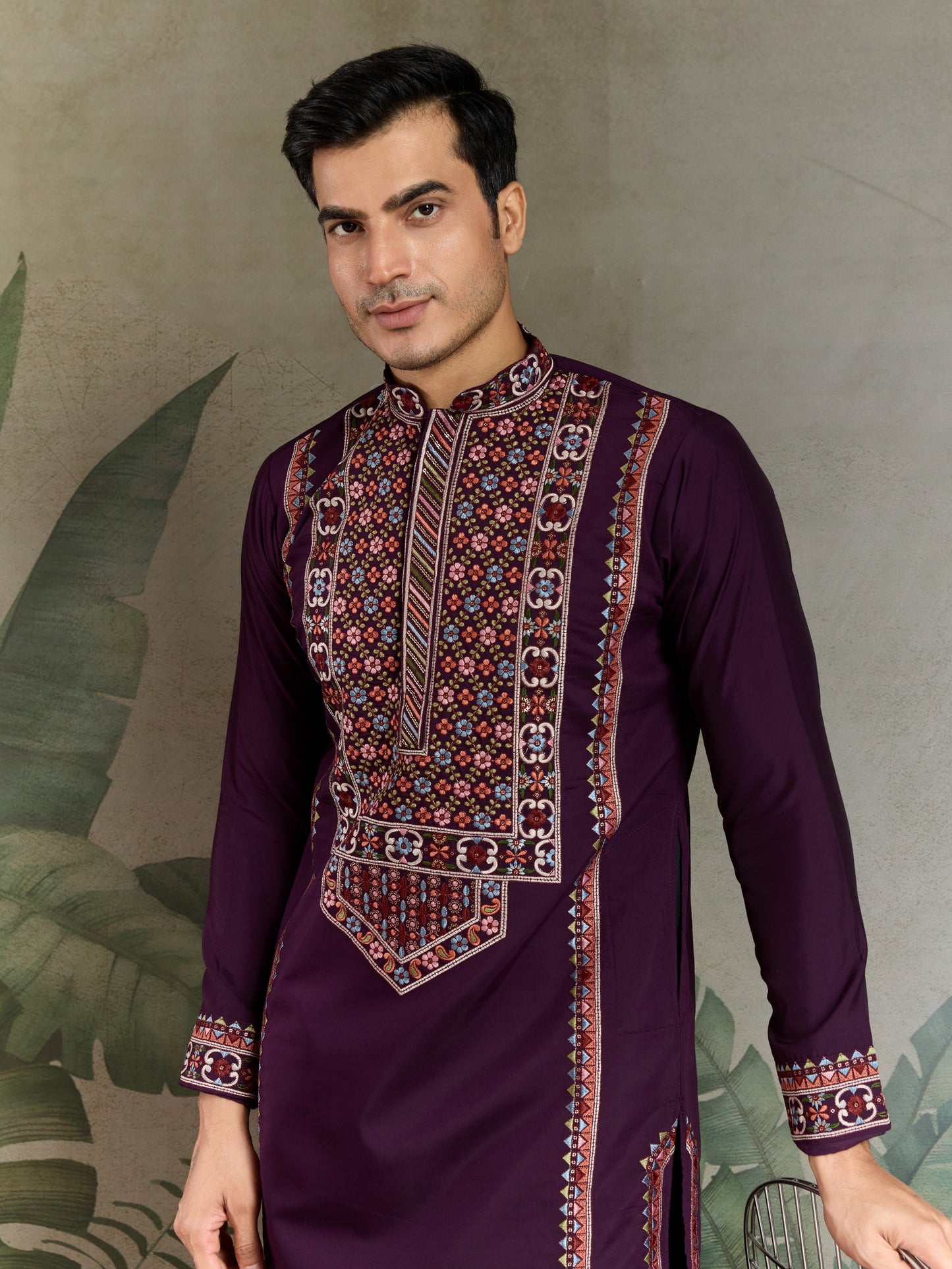 Men’s Traditional Purple Kurta with Intricate Multicolor Embroidery