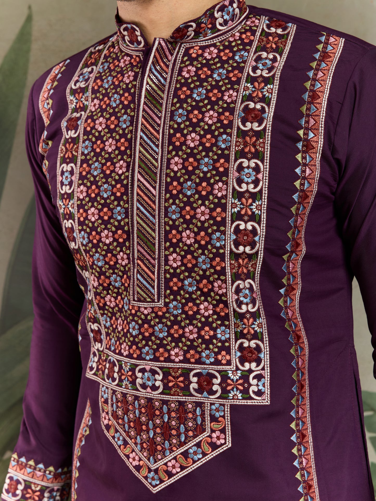 Men’s Traditional Purple Kurta with Intricate Multicolor Embroidery