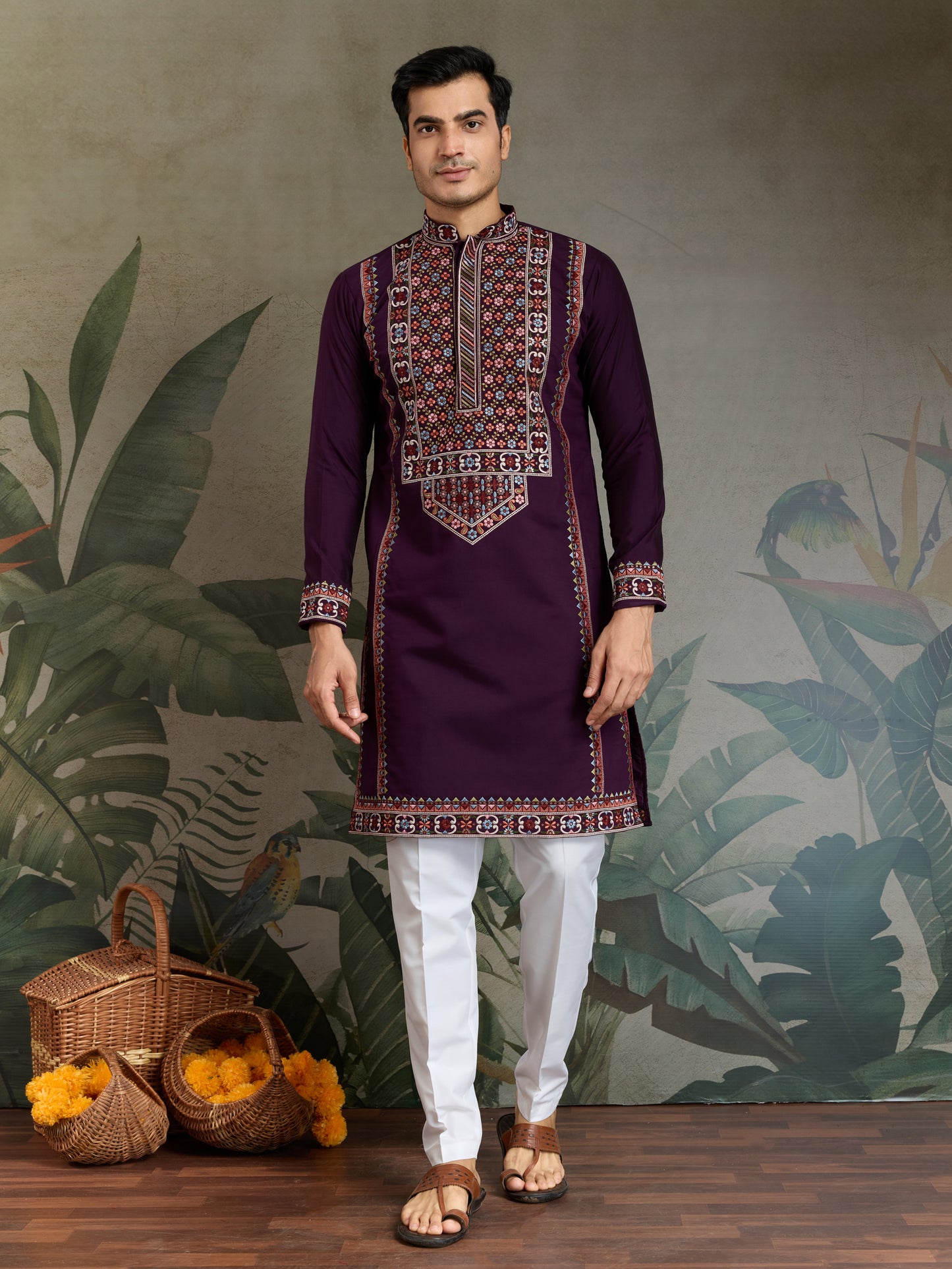 Men’s Traditional Purple Kurta with Intricate Multicolor Embroidery
