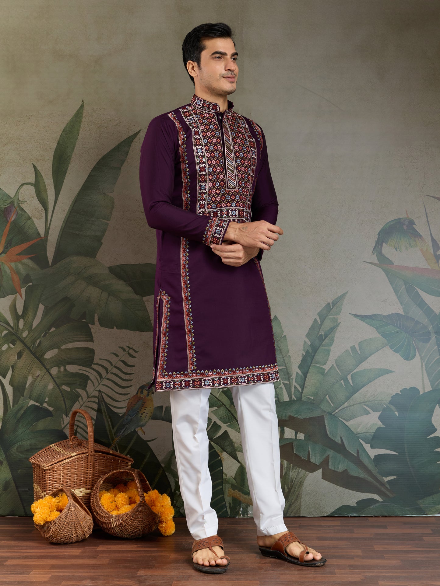 Men’s Traditional Purple Kurta with Intricate Multicolor Embroidery